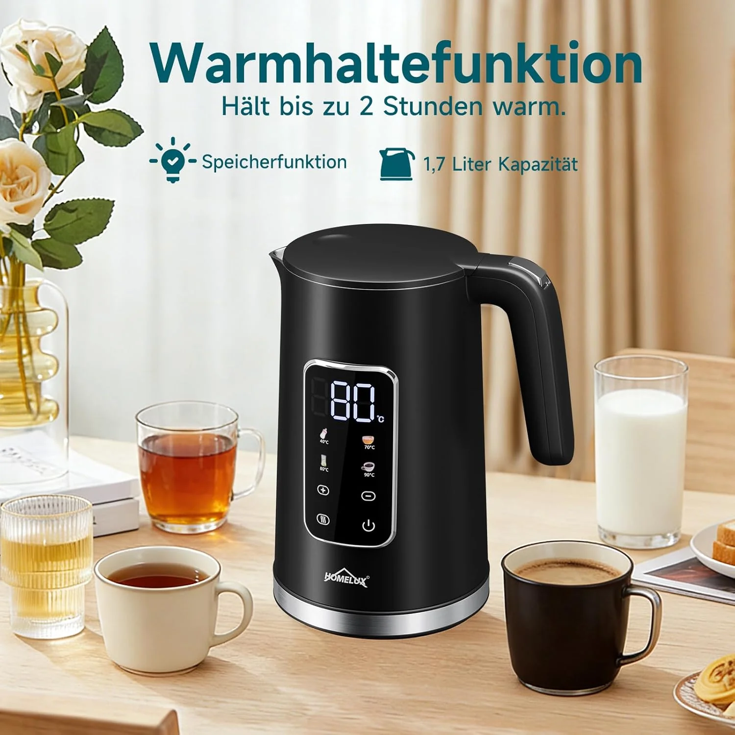 HOMELUX Digitaler Wasserkocher 1,7L mit Temperatureinstellung 40-100°C, 2200W, 100% Edelstahl Innen, Cool-Touch & Warmhaltefunktion - Image 3