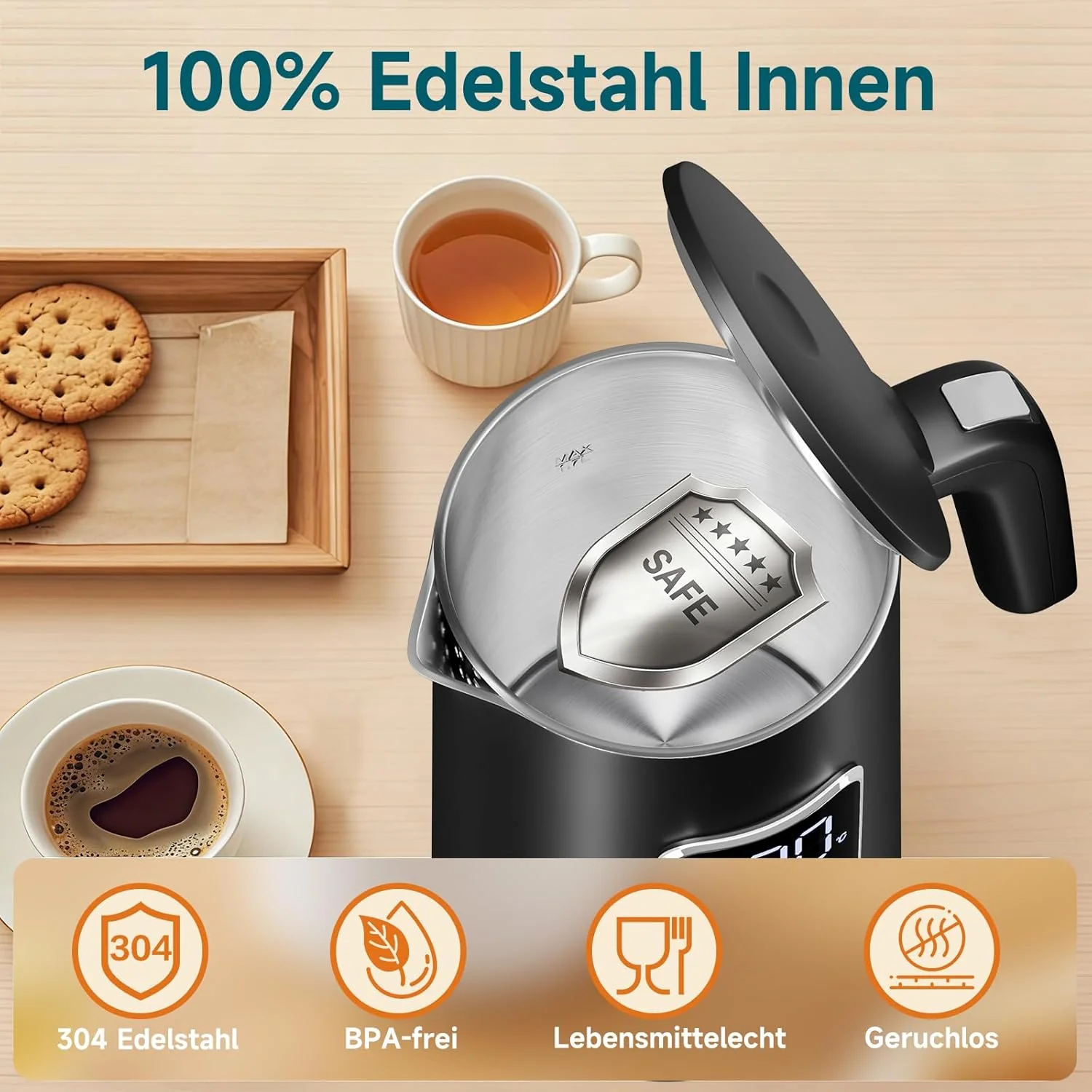 HOMELUX Digitaler Wasserkocher 1,7L mit Temperatureinstellung 40-100°C, 2200W, 100% Edelstahl Innen, Cool-Touch & Warmhaltefunktion - Image 5