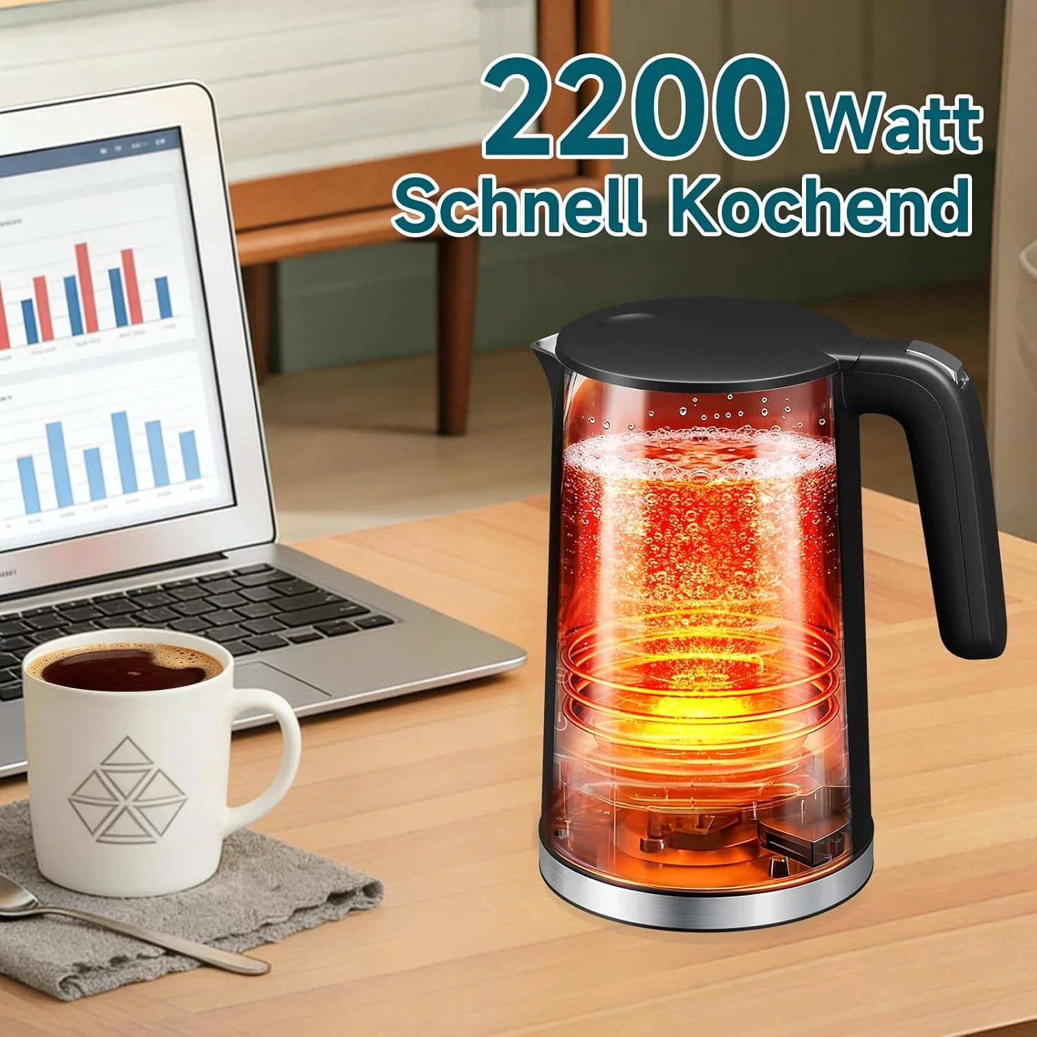 HOMELUX Digitaler Wasserkocher 1,7L mit Temperatureinstellung 40-100°C, 2200W, 100% Edelstahl Innen, Cool-Touch & Warmhaltefunktion - Image 6