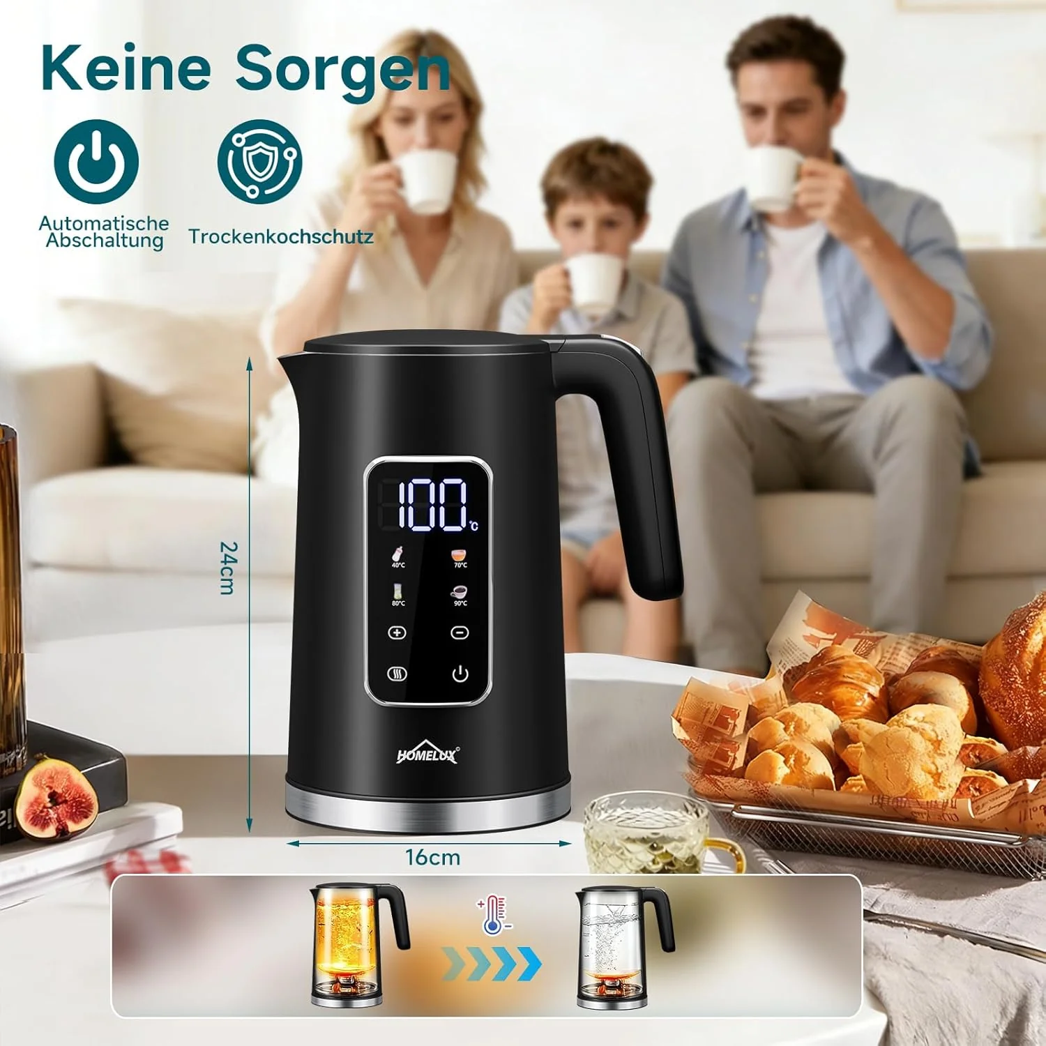 HOMELUX Digitaler Wasserkocher 1,7L mit Temperatureinstellung 40-100°C, 2200W, 100% Edelstahl Innen, Cool-Touch & Warmhaltefunktion - Image 7