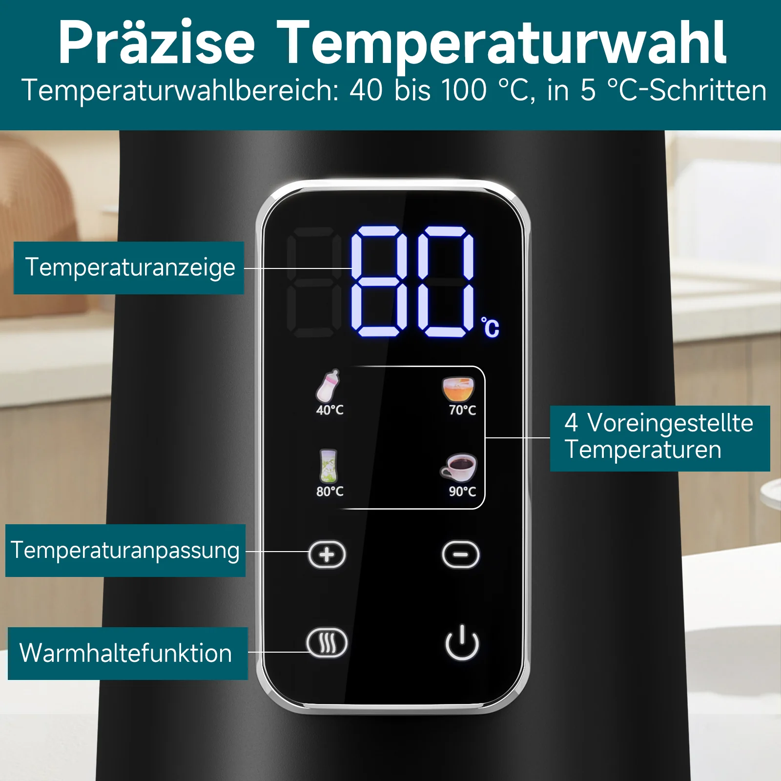 HOMELUX Digitaler Wasserkocher 1,7L mit Temperatureinstellung 40-100°C, 2200W, 100% Edelstahl Innen, Cool-Touch & Warmhaltefunktion - Image 8