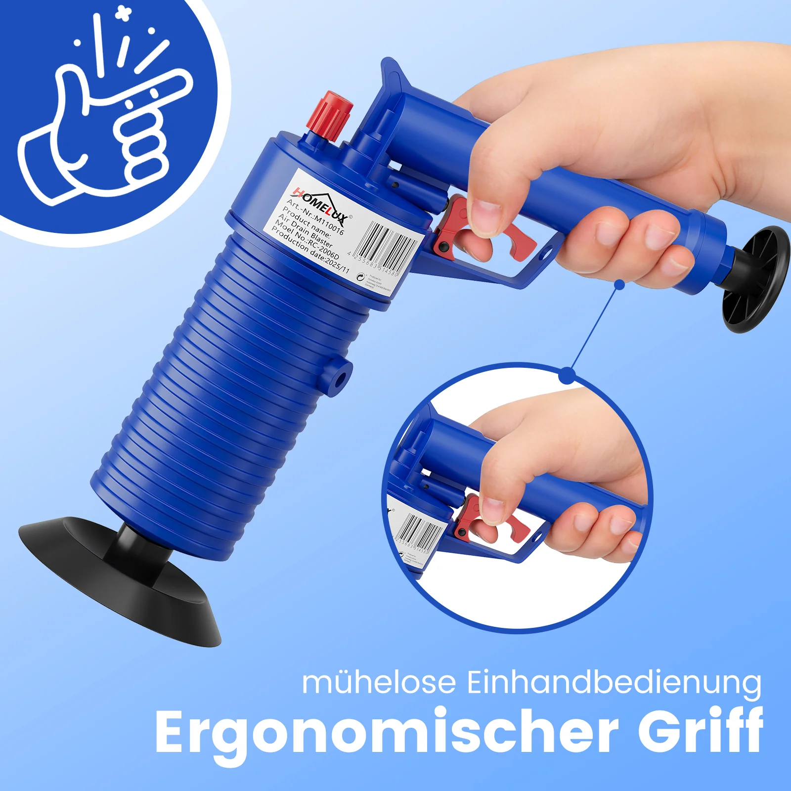 HOMELUX Druckluft Abflussreiniger Pümpel mit 4 Aufsätzen für Toilette, Waschbecken, Bad & Spüle, Hochdruck Rohrfrei ohne Chemie - Image 3