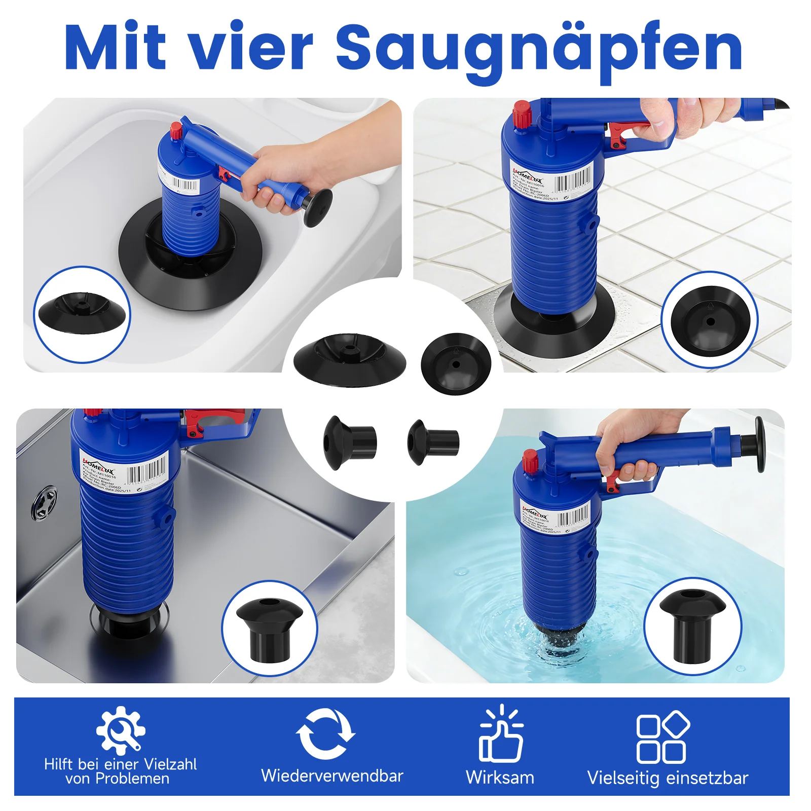 HOMELUX Druckluft Abflussreiniger Pümpel mit 4 Aufsätzen für Toilette, Waschbecken, Bad & Spüle, Hochdruck Rohrfrei ohne Chemie - Image 4