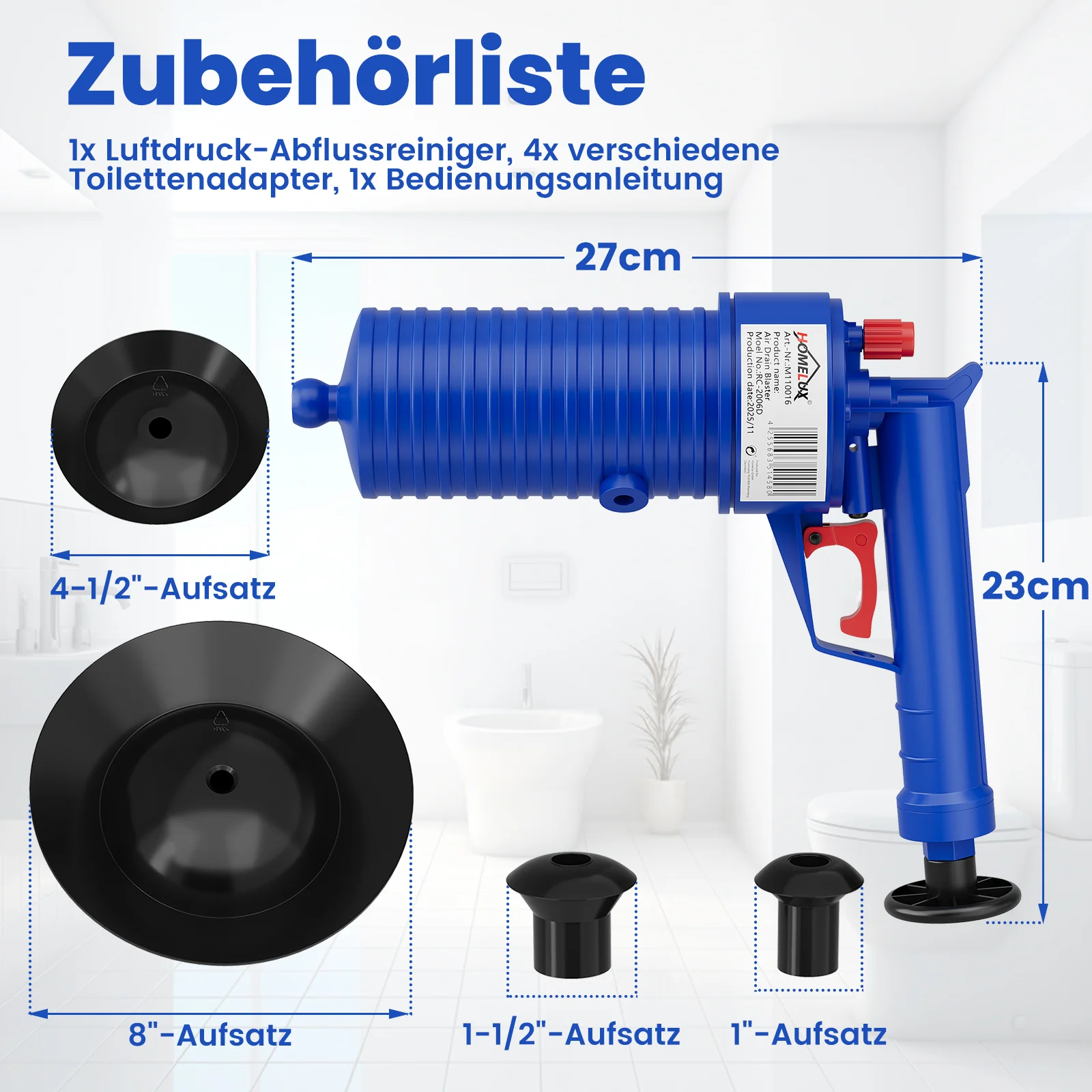 HOMELUX Druckluft Abflussreiniger Pümpel mit 4 Aufsätzen für Toilette, Waschbecken, Bad & Spüle, Hochdruck Rohrfrei ohne Chemie - Image 6