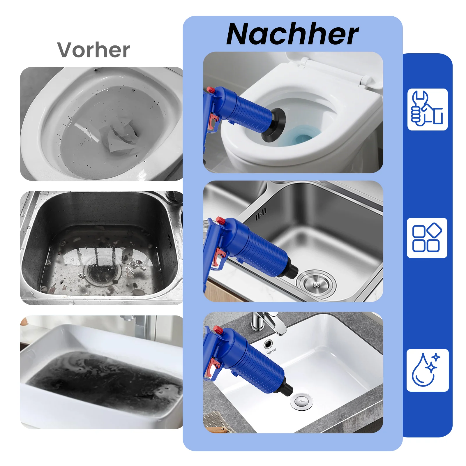 HOMELUX Druckluft Abflussreiniger Pümpel mit 4 Aufsätzen für Toilette, Waschbecken, Bad & Spüle, Hochdruck Rohrfrei ohne Chemie - Image 7