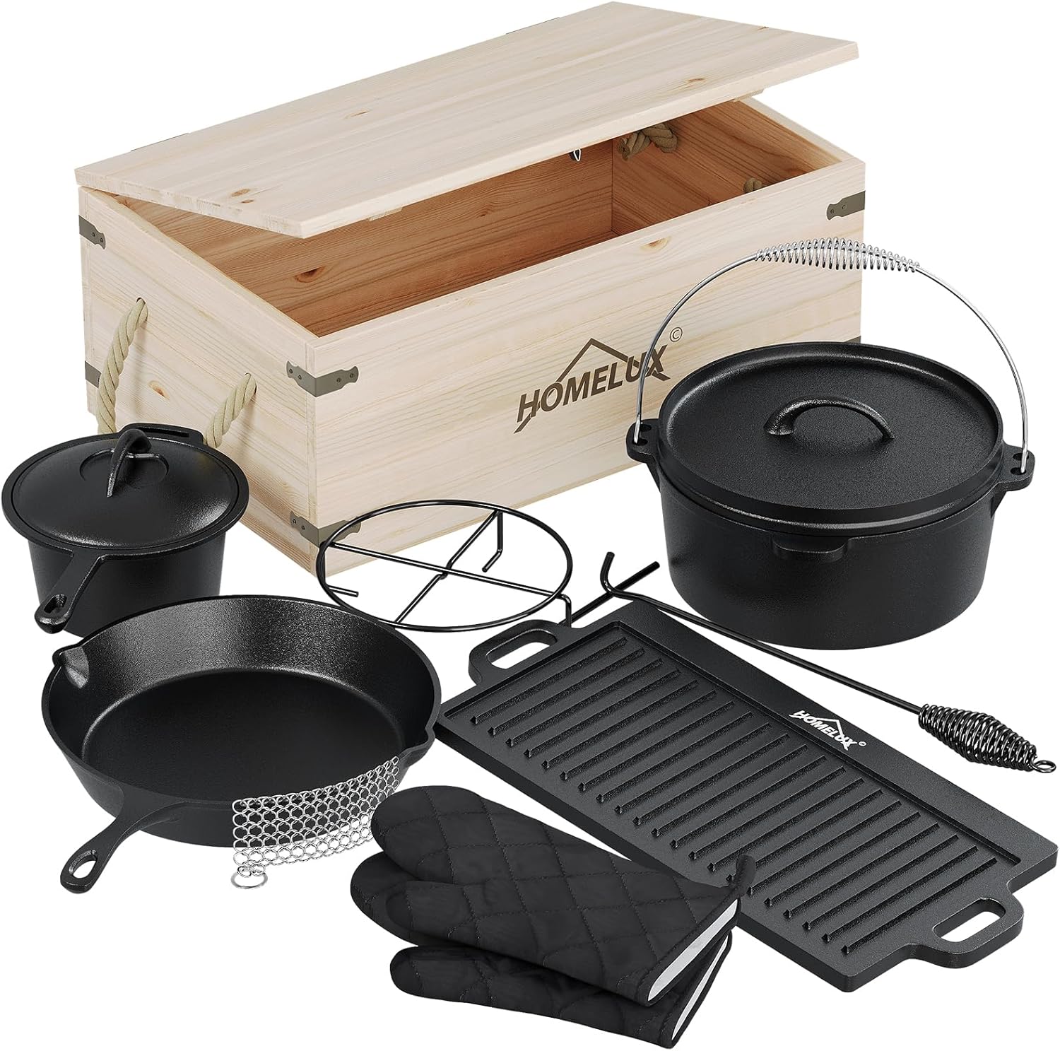 Topf-Set 10-tlg. Dutch Oven Set in Holzkiste Kochtopf Grillplatte Stieltopf Einsetzbar auf Gas Induktionsherden, offenen Flammen und Backöfen - Image 2