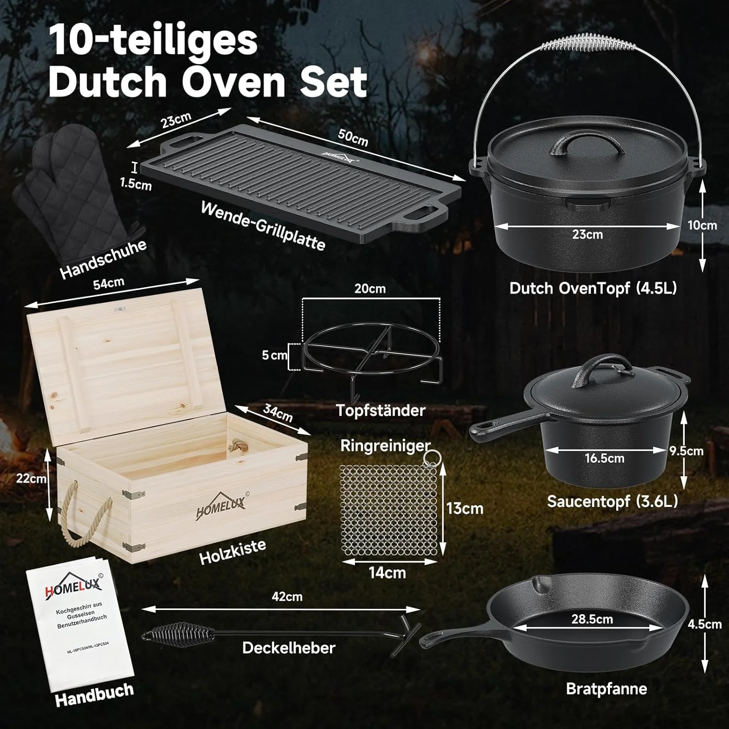 Topf-Set 10-tlg. Dutch Oven Set in Holzkiste Kochtopf Grillplatte Stieltopf Einsetzbar auf Gas Induktionsherden, offenen Flammen und Backöfen - Image 3