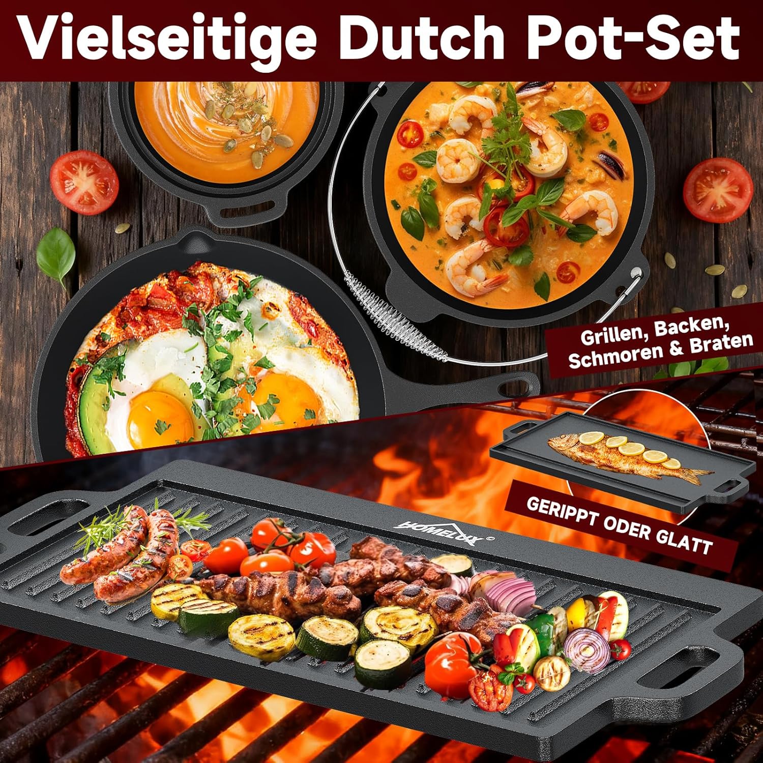 Topf-Set 10-tlg. Dutch Oven Set in Holzkiste Kochtopf Grillplatte Stieltopf Einsetzbar auf Gas Induktionsherden, offenen Flammen und Backöfen - Image 4