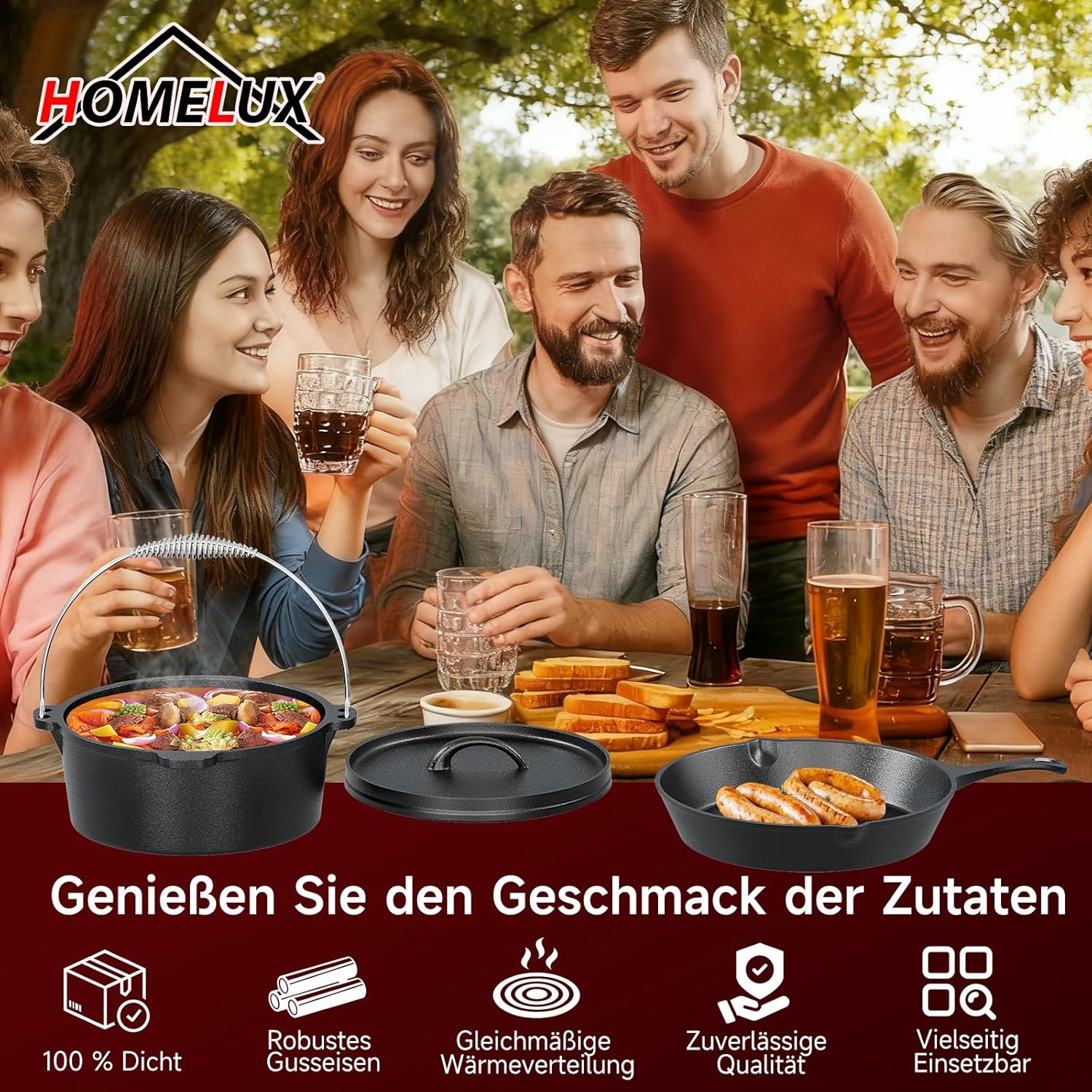 Topf-Set 10-tlg. Dutch Oven Set in Holzkiste Kochtopf Grillplatte Stieltopf Einsetzbar auf Gas Induktionsherden, offenen Flammen und Backöfen - Image 5