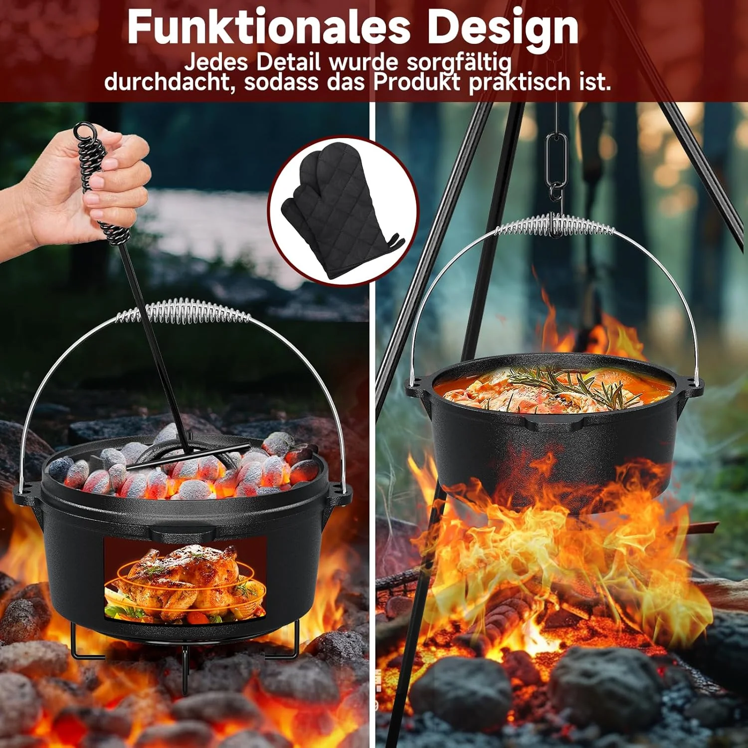 Topf-Set 10-tlg. Dutch Oven Set in Holzkiste Kochtopf Grillplatte Stieltopf Einsetzbar auf Gas Induktionsherden, offenen Flammen und Backöfen - Image 7