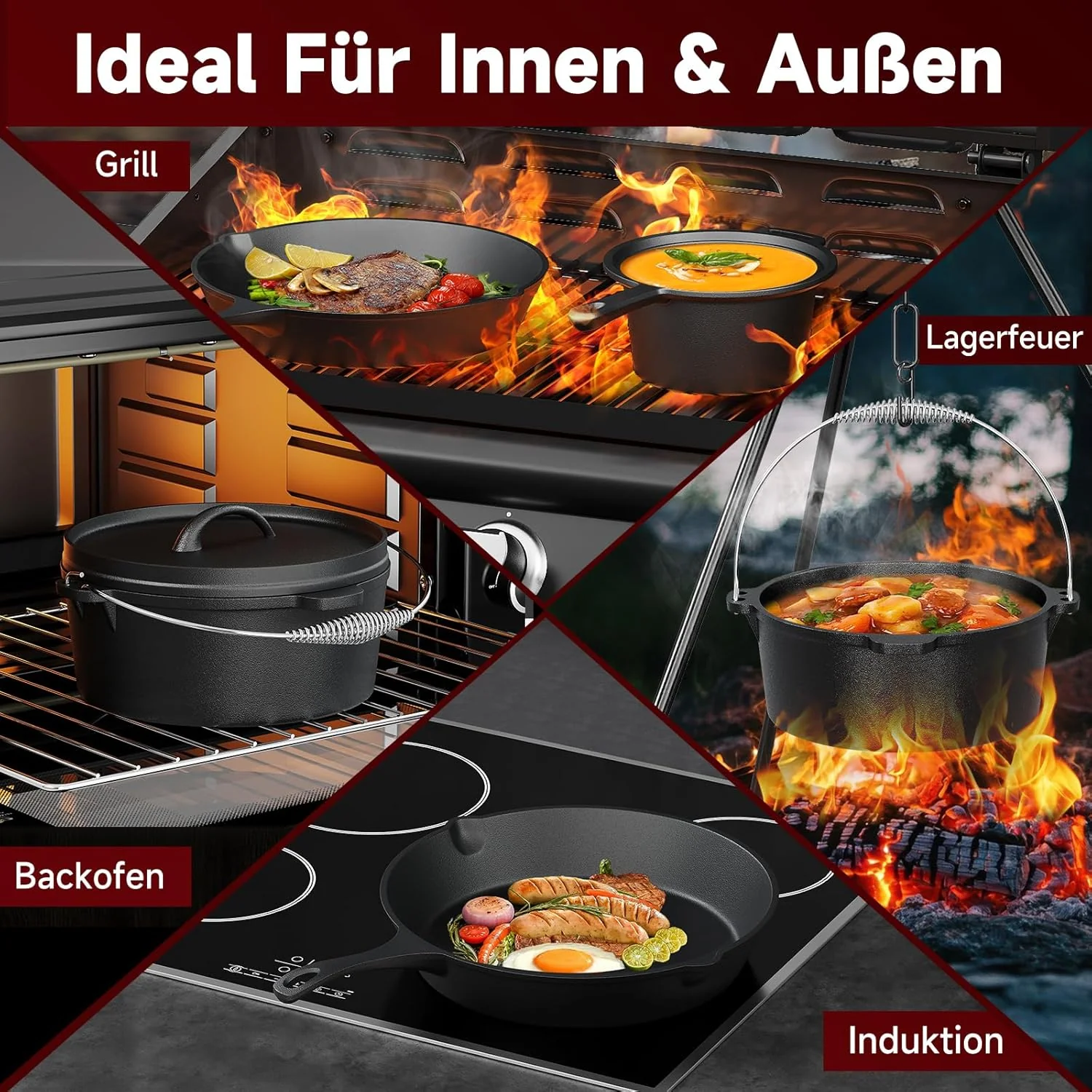 Topf-Set 10-tlg. Dutch Oven Set in Holzkiste Kochtopf Grillplatte Stieltopf Einsetzbar auf Gas Induktionsherden, offenen Flammen und Backöfen - Image 8