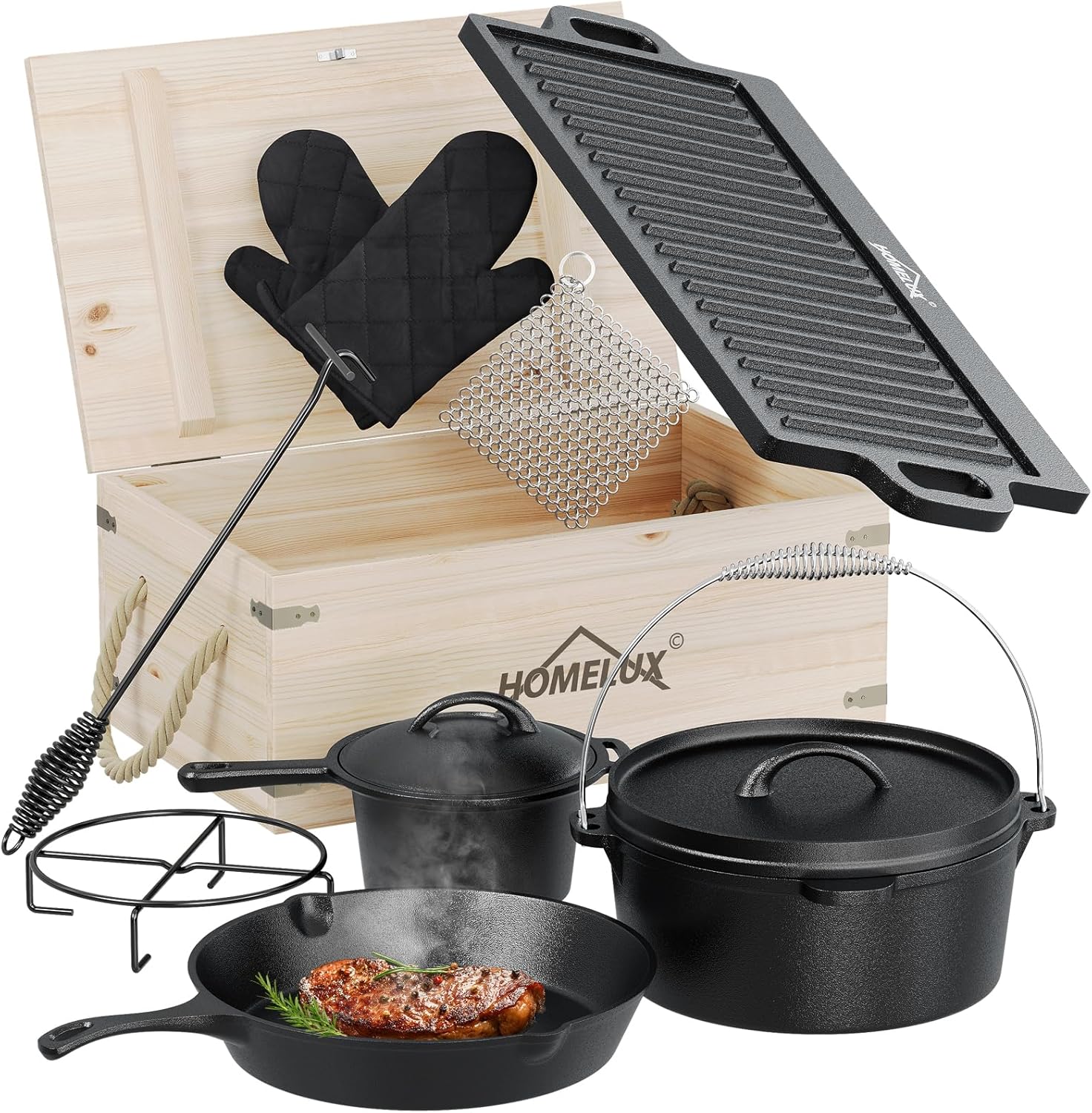 Topf-Set 10-tlg. Dutch Oven Set in Holzkiste Kochtopf Grillplatte Stieltopf Einsetzbar auf Gas Induktionsherden, offenen Flammen und Backöfen - Image 9