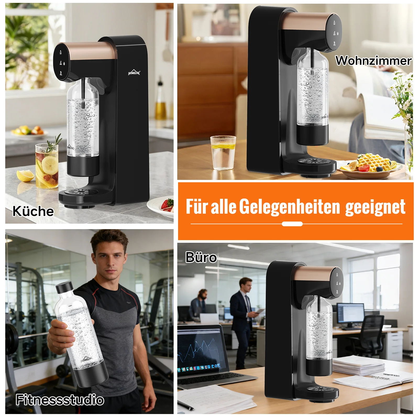 HOMELUX Elektrischer Wassersprudler, Touch-Bedienung, 3 Sprudelstärken, inkl. BPA-freier PET-Flasche, Schwarz - Image 4