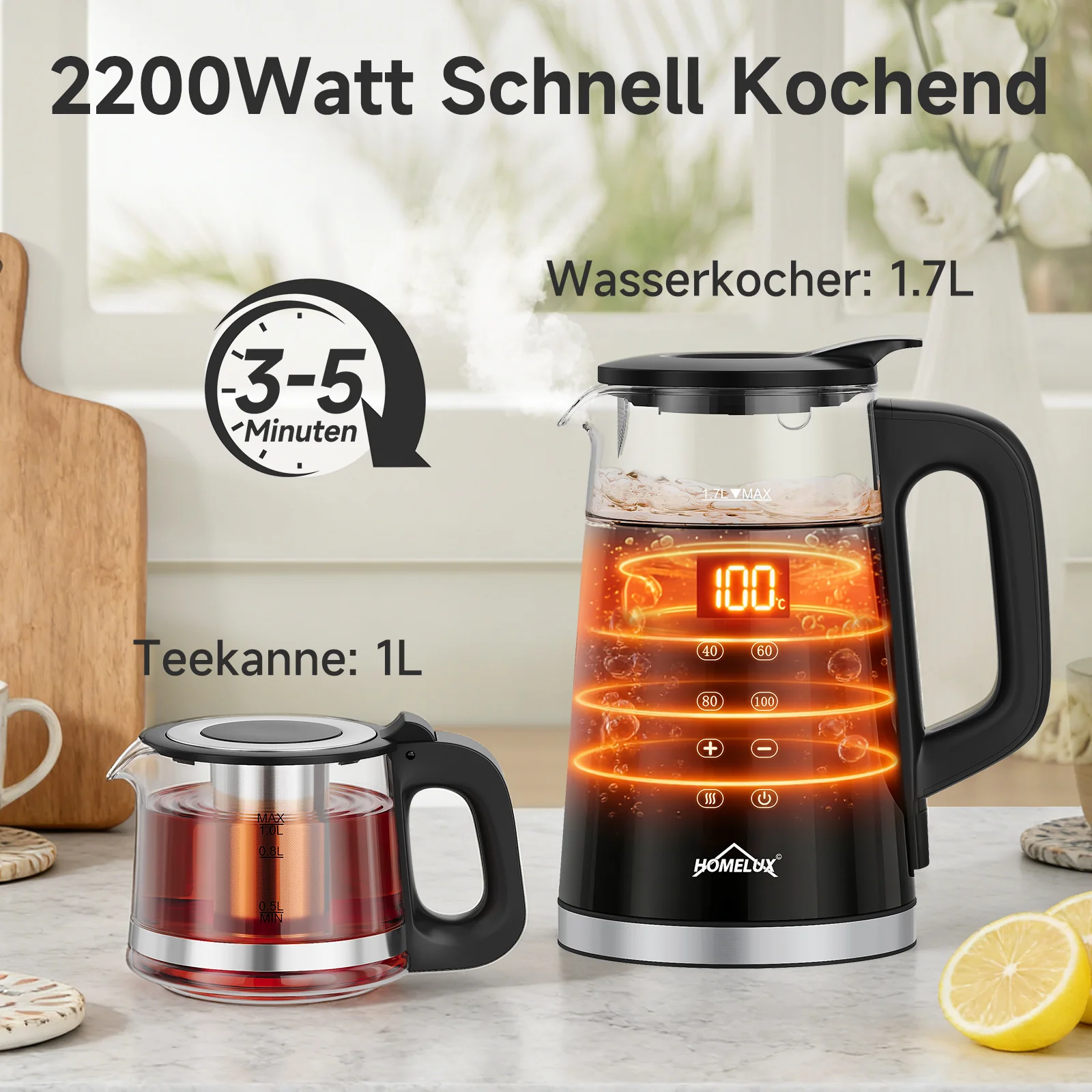Wasserkocher Glas 2in1 Teekocher Edelstahl 2200W Teebereiter mit 4 Temperatureinstellungen 1,7L mit Warmhaltefunktion, Teetrichter - Image 3