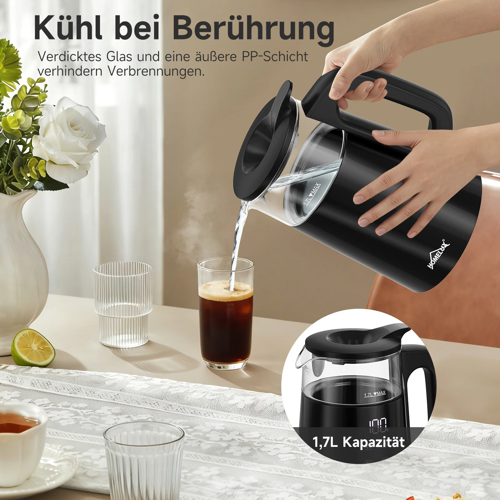 Wasserkocher Glas 2in1 Teekocher Edelstahl 2200W Teebereiter mit 4 Temperatureinstellungen 1,7L mit Warmhaltefunktion, Teetrichter - Image 6
