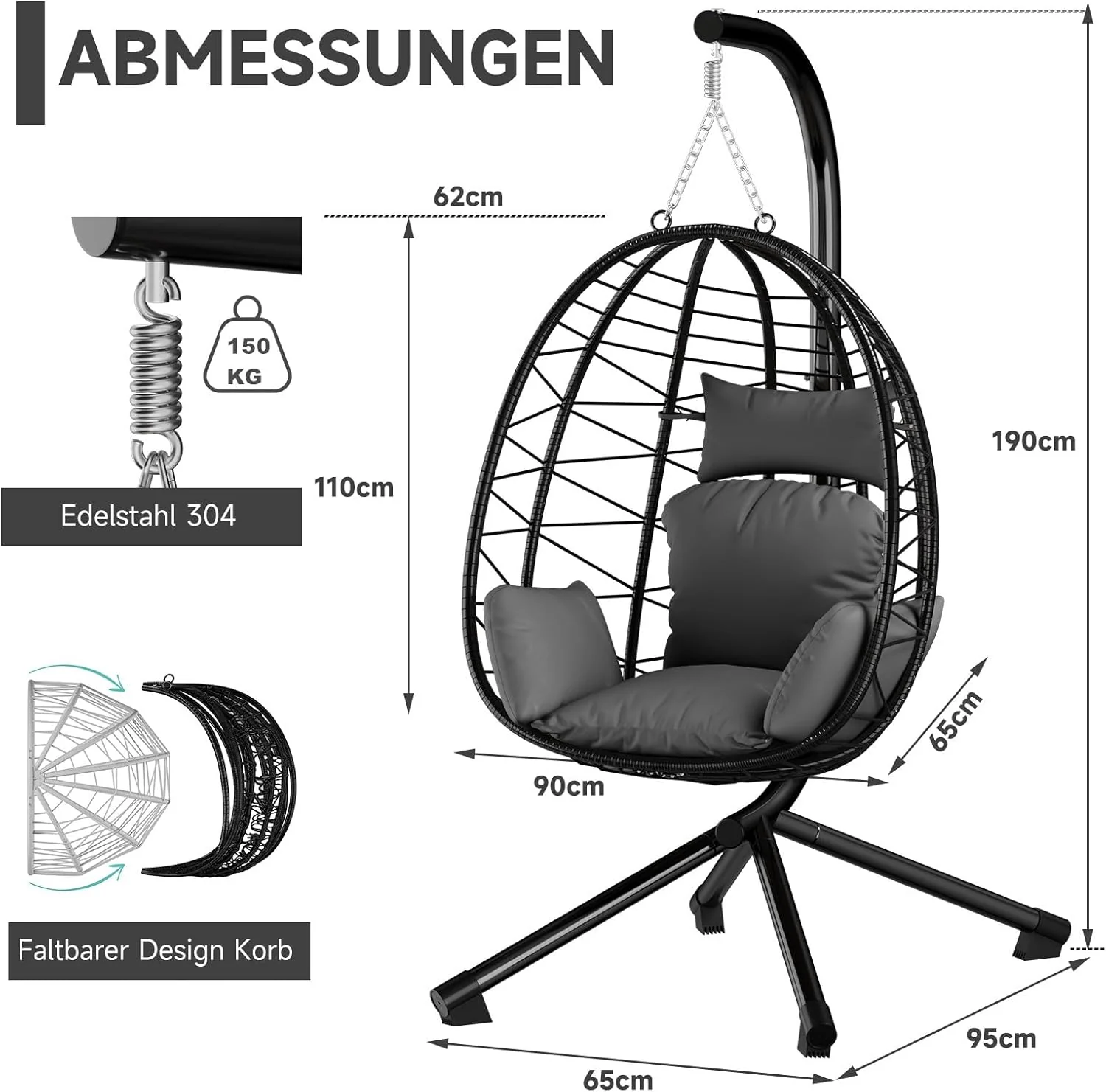 HOMELUX Hängesessel mit Gestell Hängematte Hängestuhl mit Kissen Schaukel Max. 130 kg, Grau - Image 8