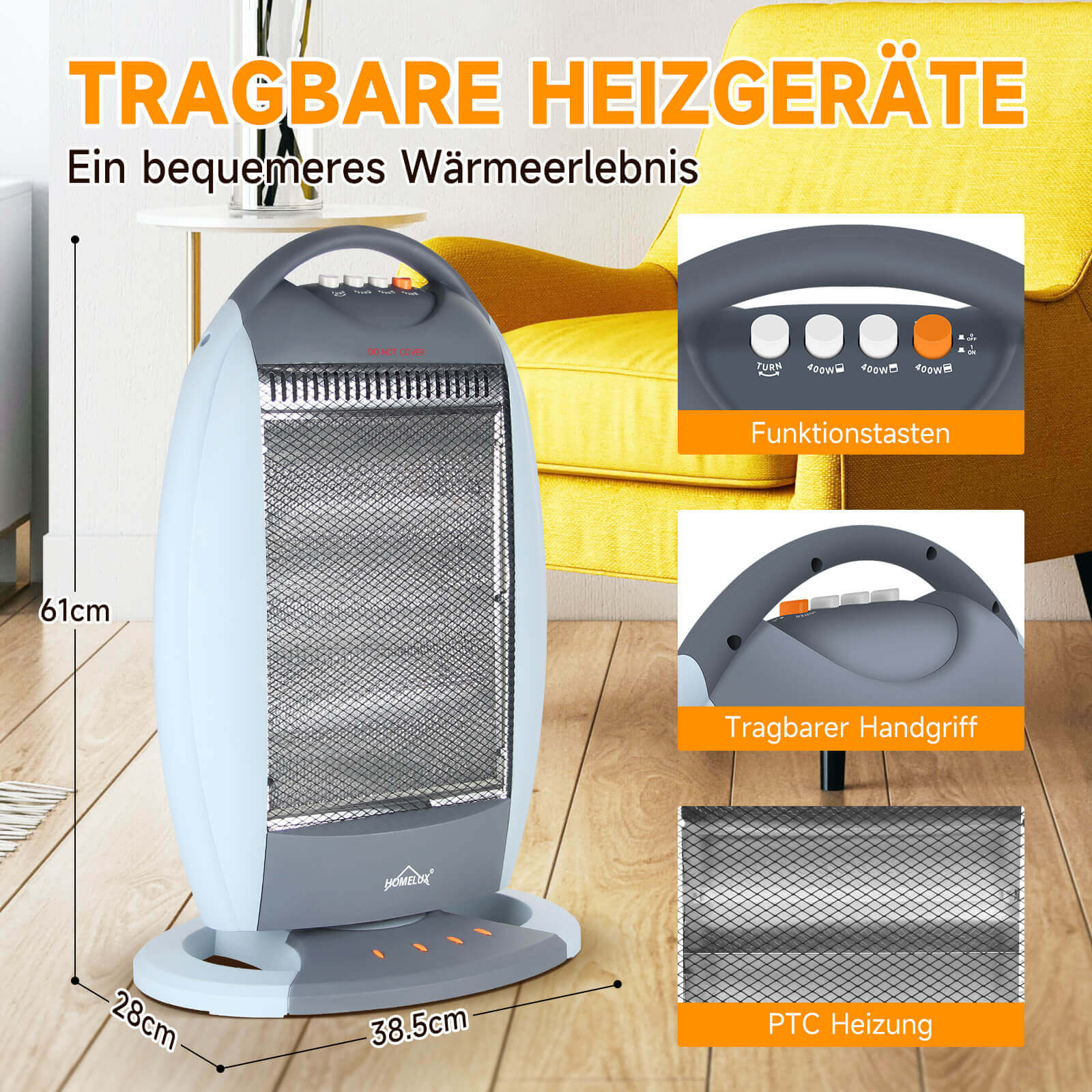 HOMELUX Heizstrahler 3 Stufen, Oszill., 1200W, Geräuschfrei, Sicherheit - Image 2