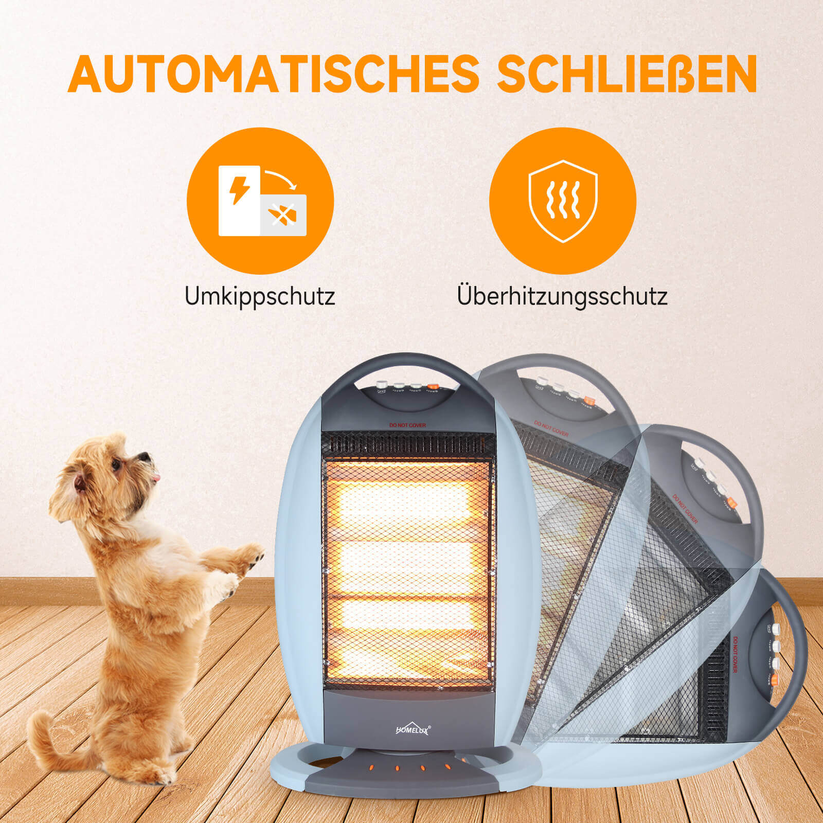 HOMELUX Heizstrahler 3 Stufen, Oszill., 1200W, Geräuschfrei, Sicherheit - Image 5