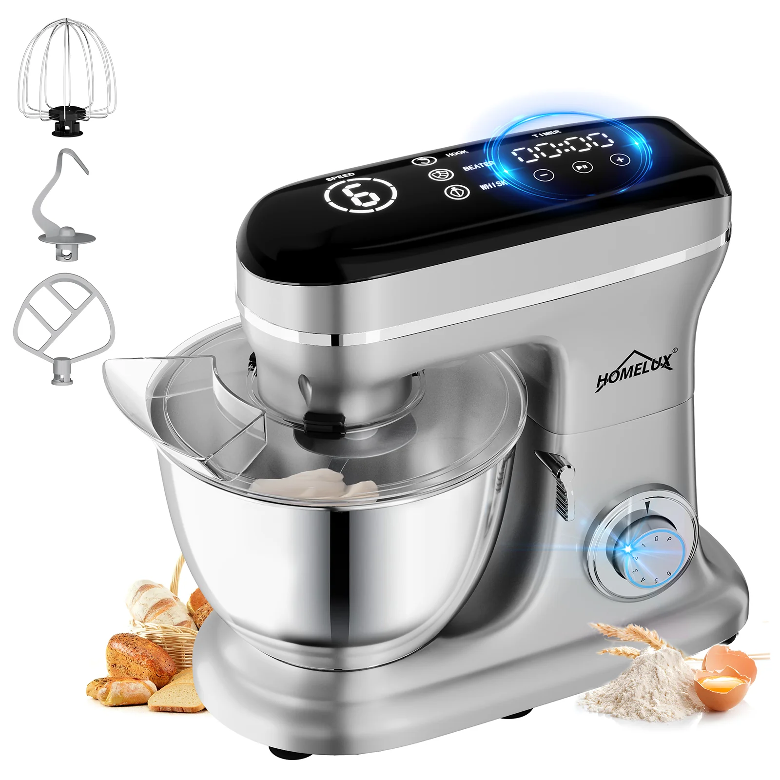 HOMELUX Küchenmaschine Multifunktional 6-stufige Knetmaschine mit LED-Touchscreen 8L Edelstahlschüssel - Image 9