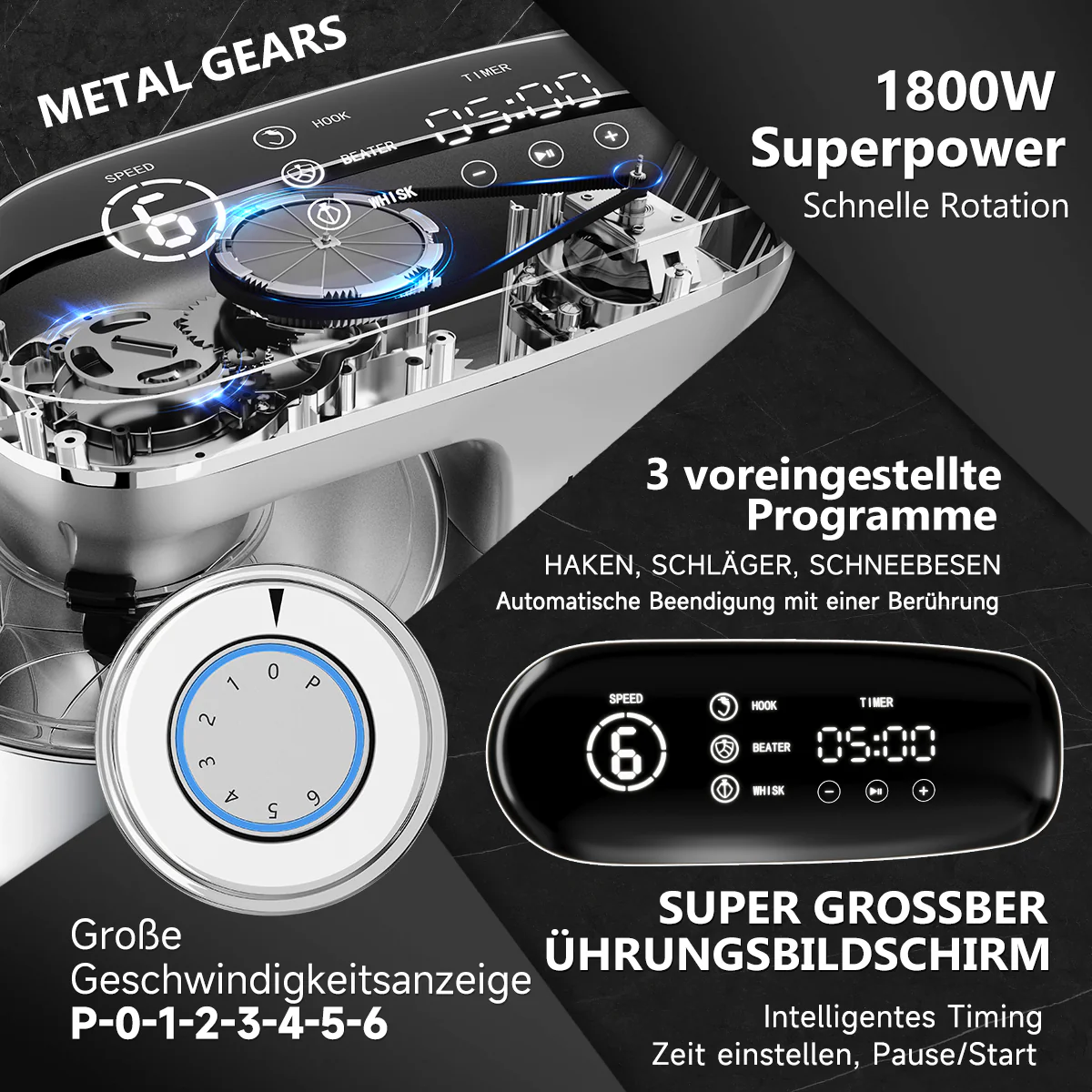 HOMELUX Küchenmaschine Multifunktional 6-stufige Knetmaschine mit LED-Touchscreen 8L Edelstahlschüssel - Image 10