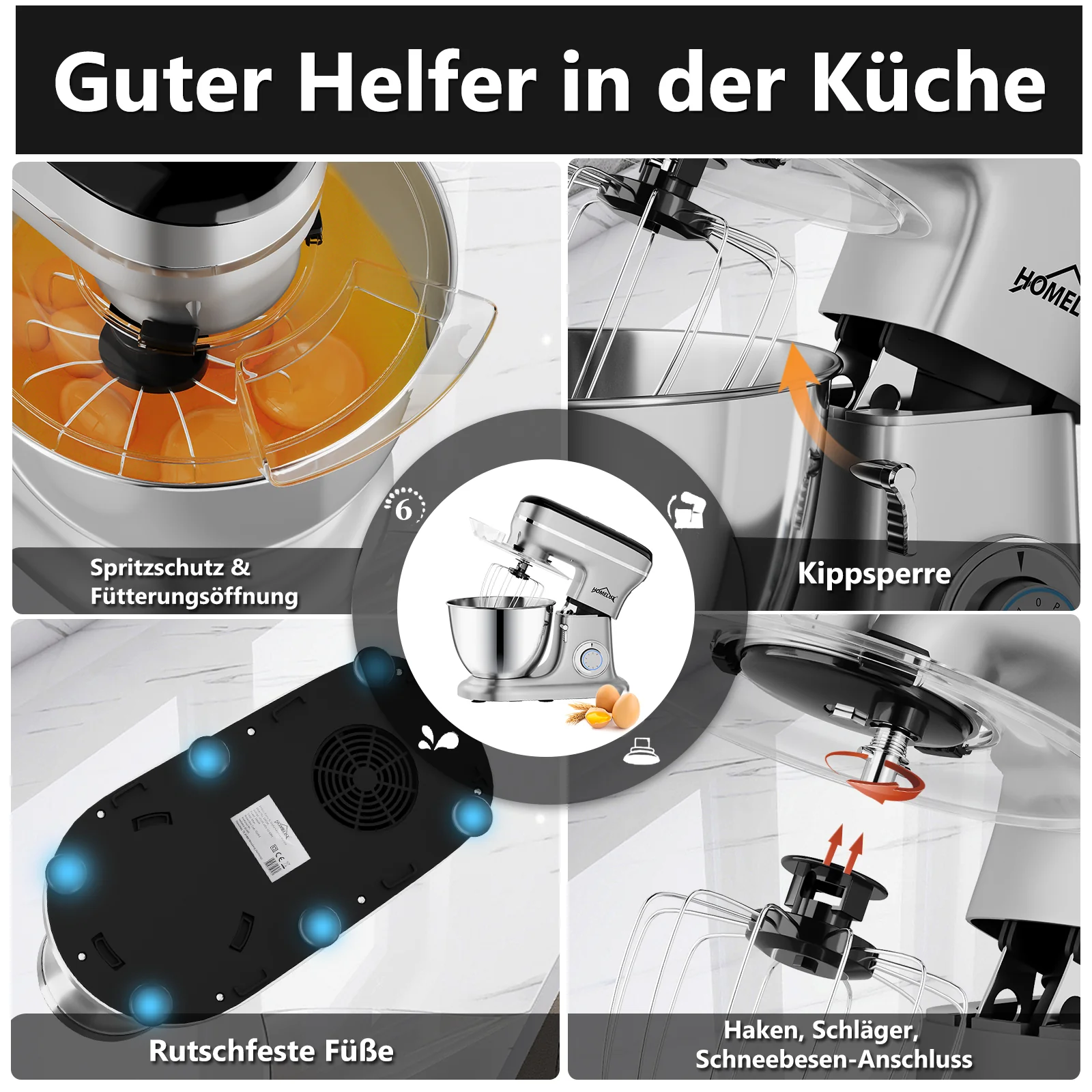 HOMELUX Küchenmaschine Multifunktional 6-stufige Knetmaschine mit LED-Touchscreen 8L Edelstahlschüssel - Image 12