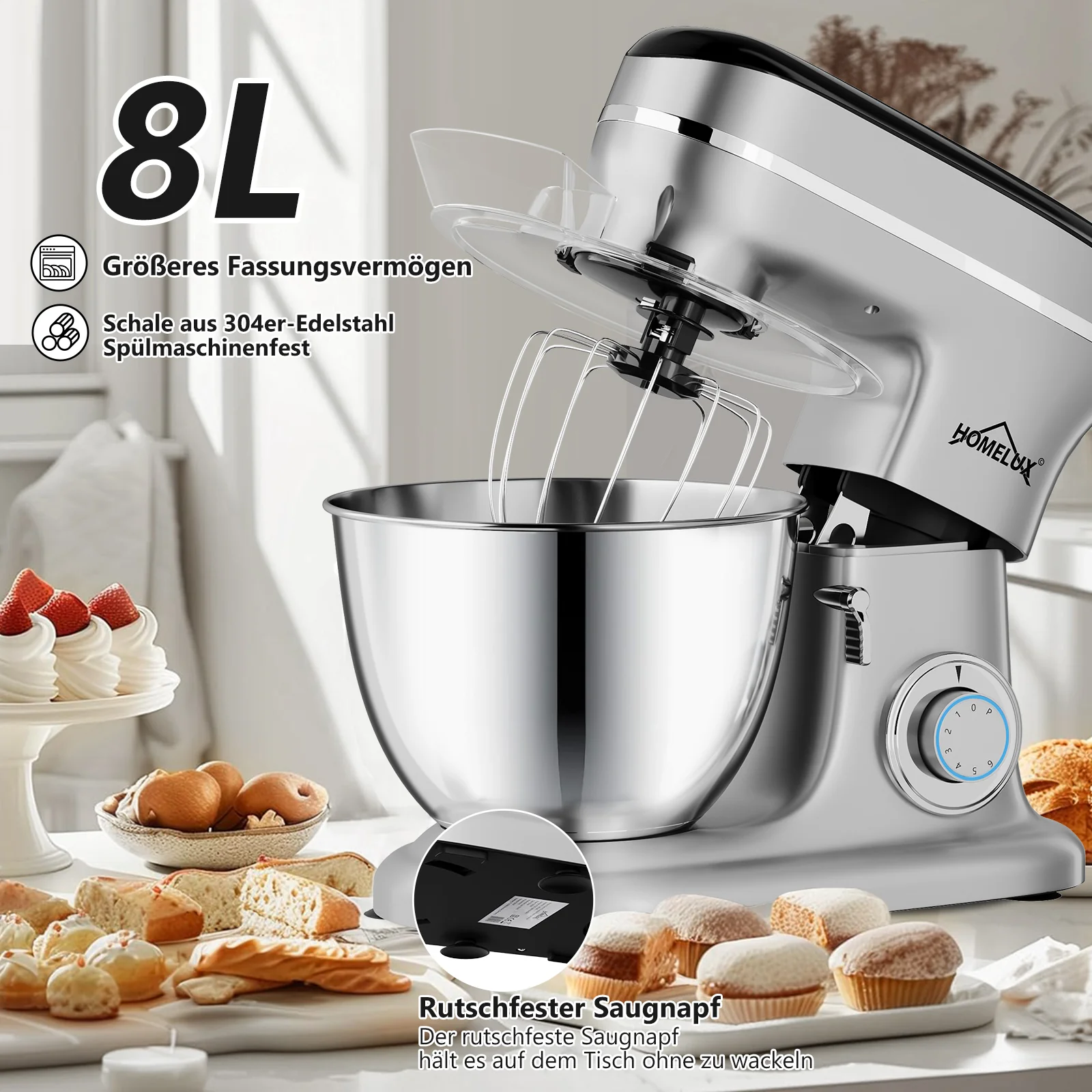 HOMELUX Küchenmaschine Multifunktional 6-stufige Knetmaschine mit LED-Touchscreen 8L Edelstahlschüssel - Image 11