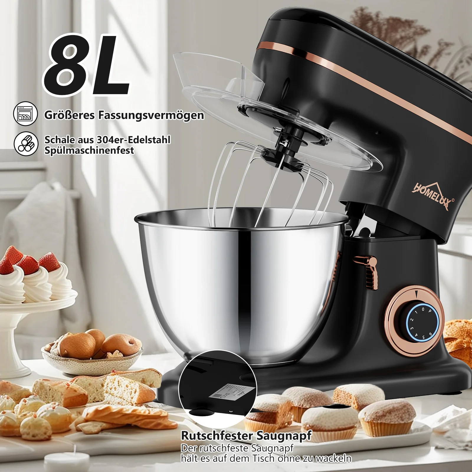 HOMELUX Küchenmaschine Multifunktional 6-stufige Knetmaschine mit LED-Touchscreen 8L Edelstahlschüssel - Image 8