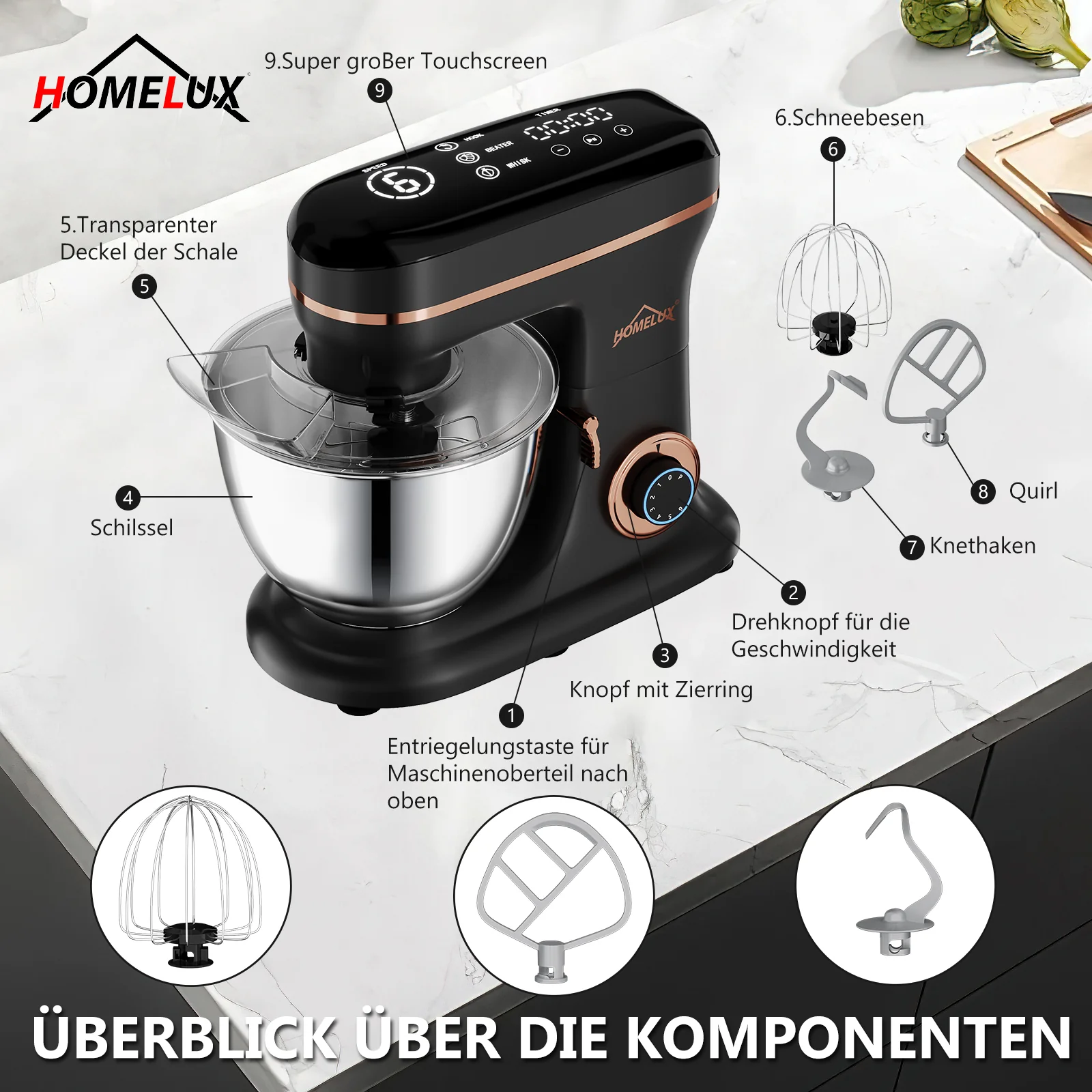 HOMELUX Küchenmaschine Multifunktional 6-stufige Knetmaschine mit LED-Touchscreen 8L Edelstahlschüssel - Image 4