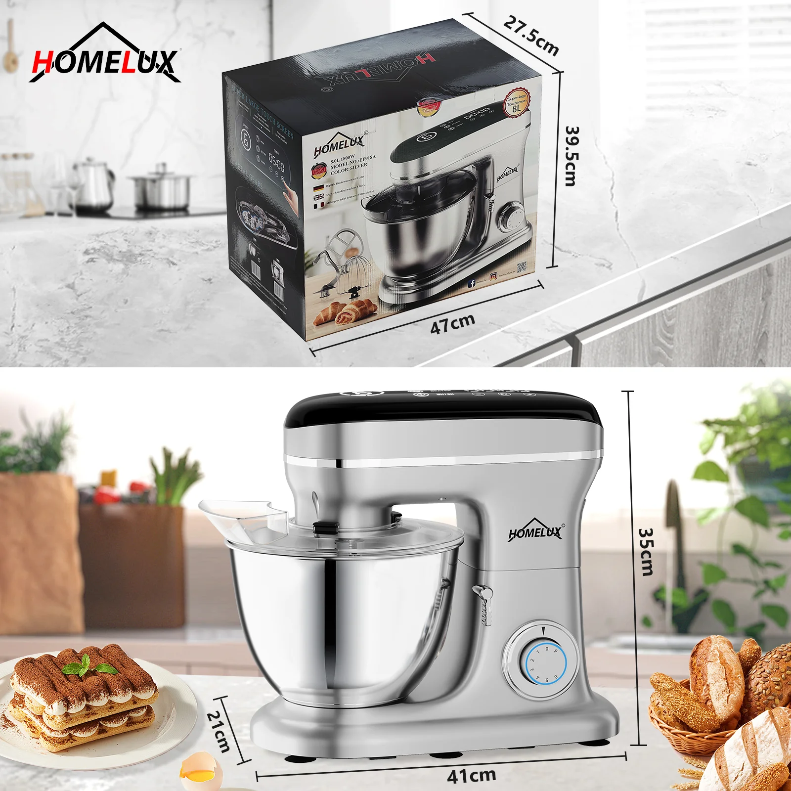HOMELUX Küchenmaschine Multifunktional 6-stufige Knetmaschine mit LED-Touchscreen 8L Edelstahlschüssel - Image 14