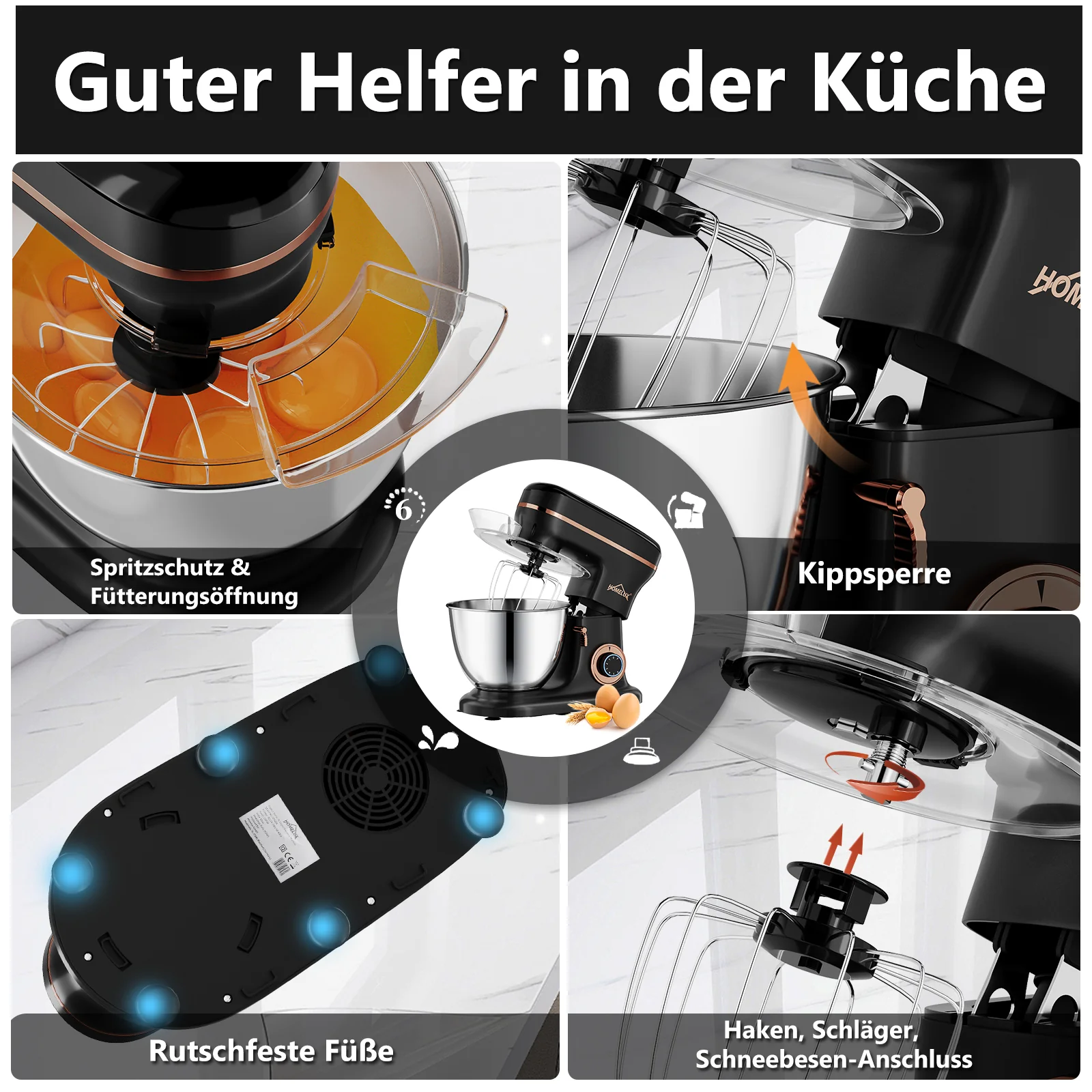 HOMELUX Küchenmaschine Multifunktional 6-stufige Knetmaschine mit LED-Touchscreen 8L Edelstahlschüssel - Image 5