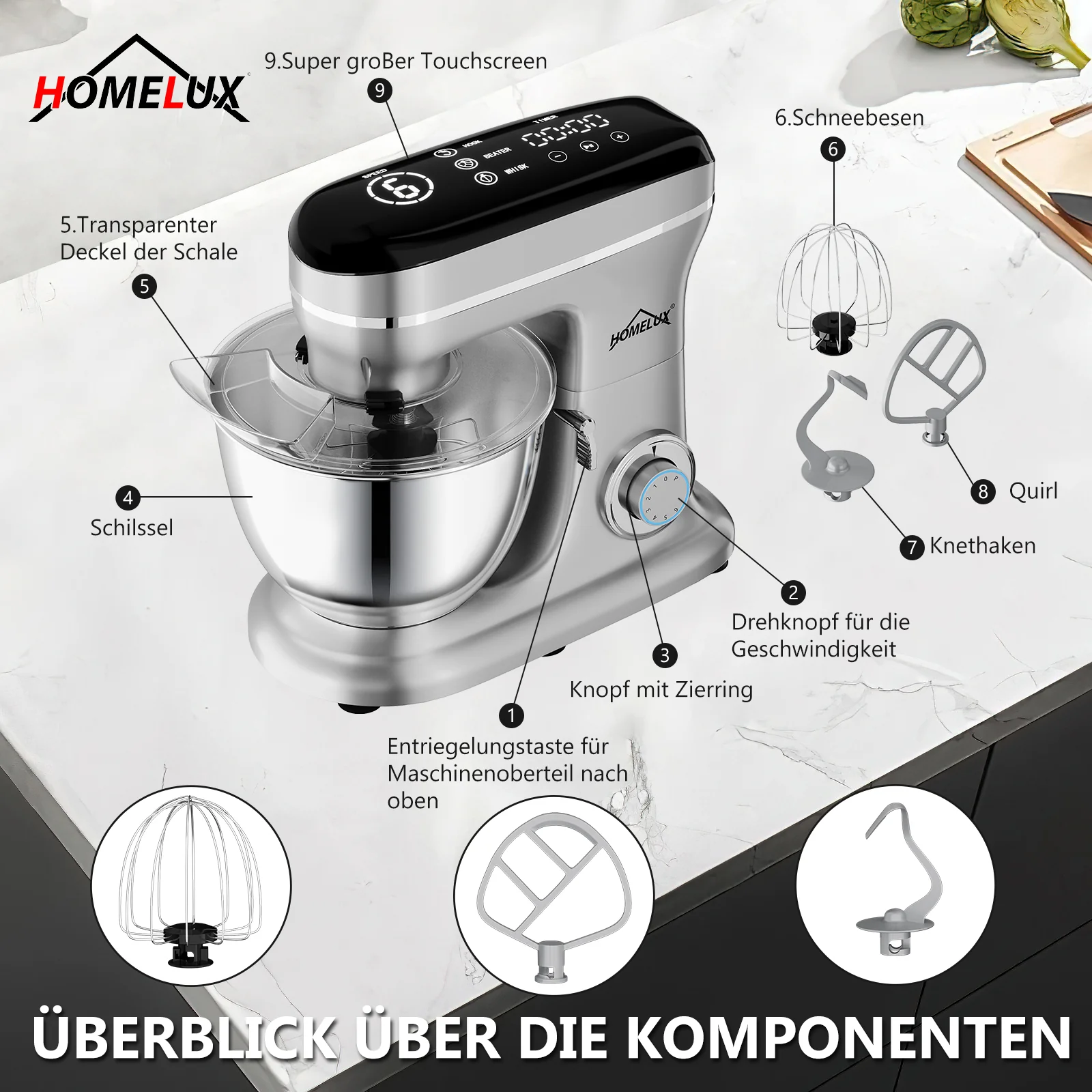 HOMELUX Küchenmaschine Multifunktional 6-stufige Knetmaschine mit LED-Touchscreen 8L Edelstahlschüssel - Image 13