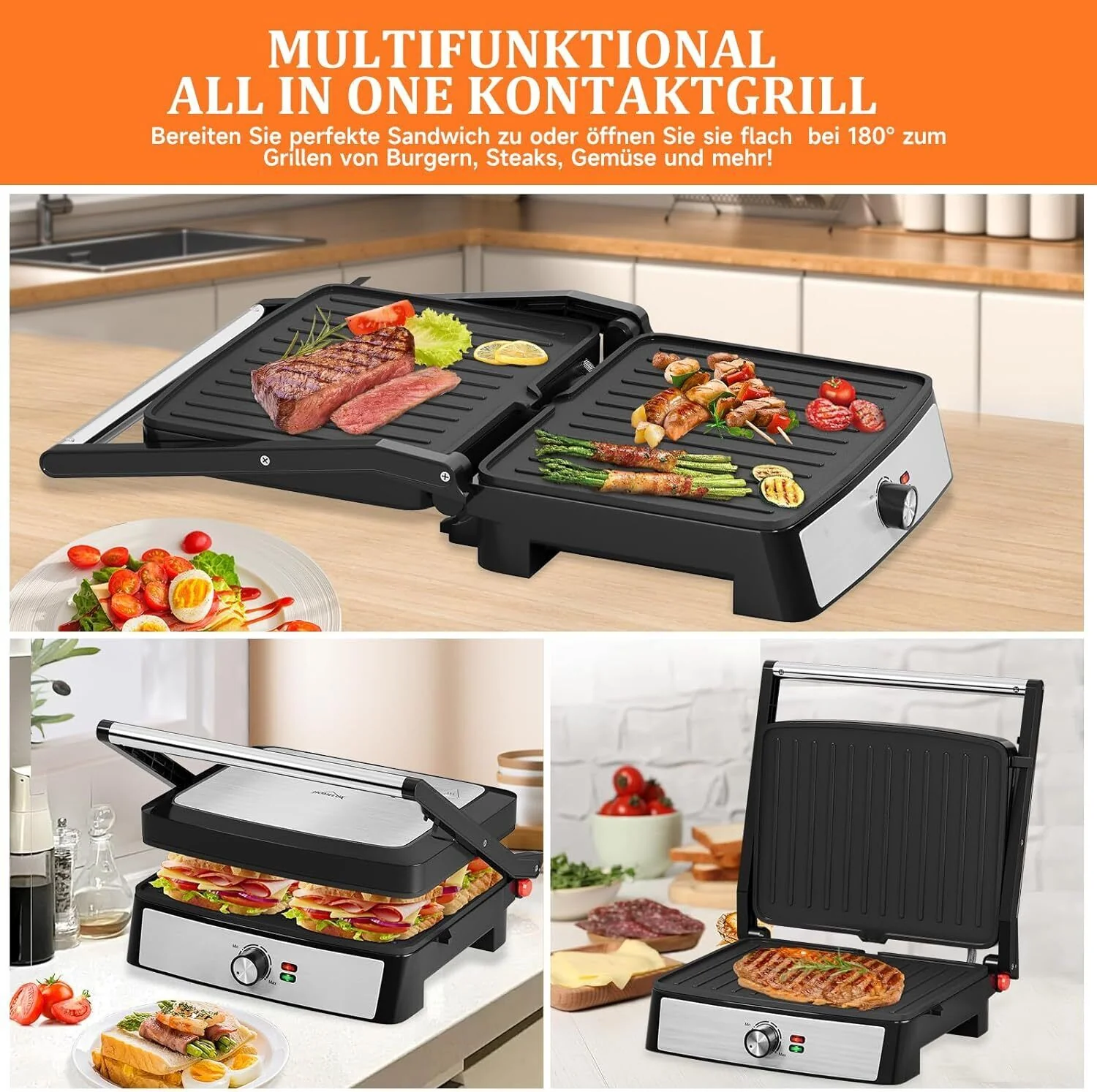 Kontaktgrill Sandwichmaker Panini Grill 2200W Toaster HOMELUX 34x23CM 3-in-1 Multifunktionsgrill für Paninis, Steaks, Sandwiches - Image 4