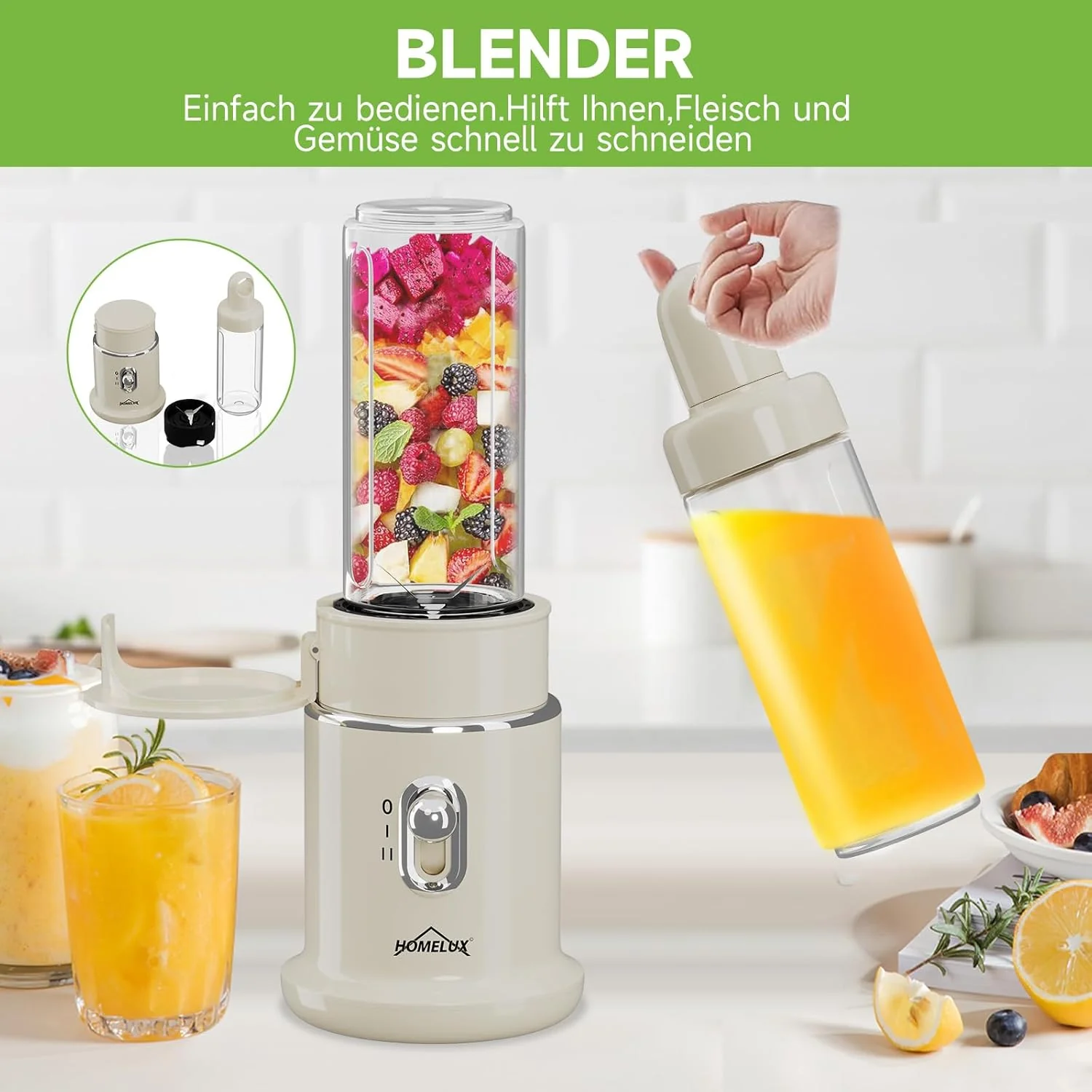 HOMELUX 4-in-1 Küchenallrounder: Zerkleinern, Mixen & Mahlen mit robustem 2L Glasbehälter und 600ml Saftbecher - Image 3