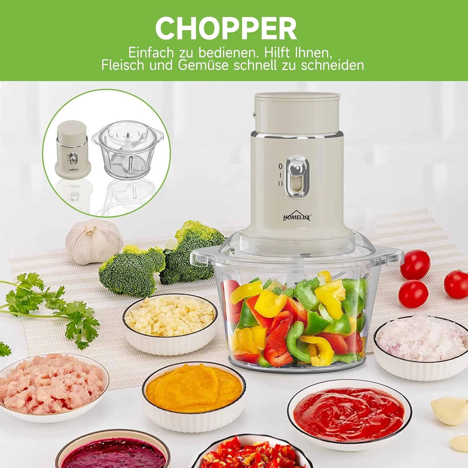 HOMELUX 4-in-1 Küchenallrounder: Zerkleinern, Mixen & Mahlen mit robustem 2L Glasbehälter und 600ml Saftbecher - Image 5