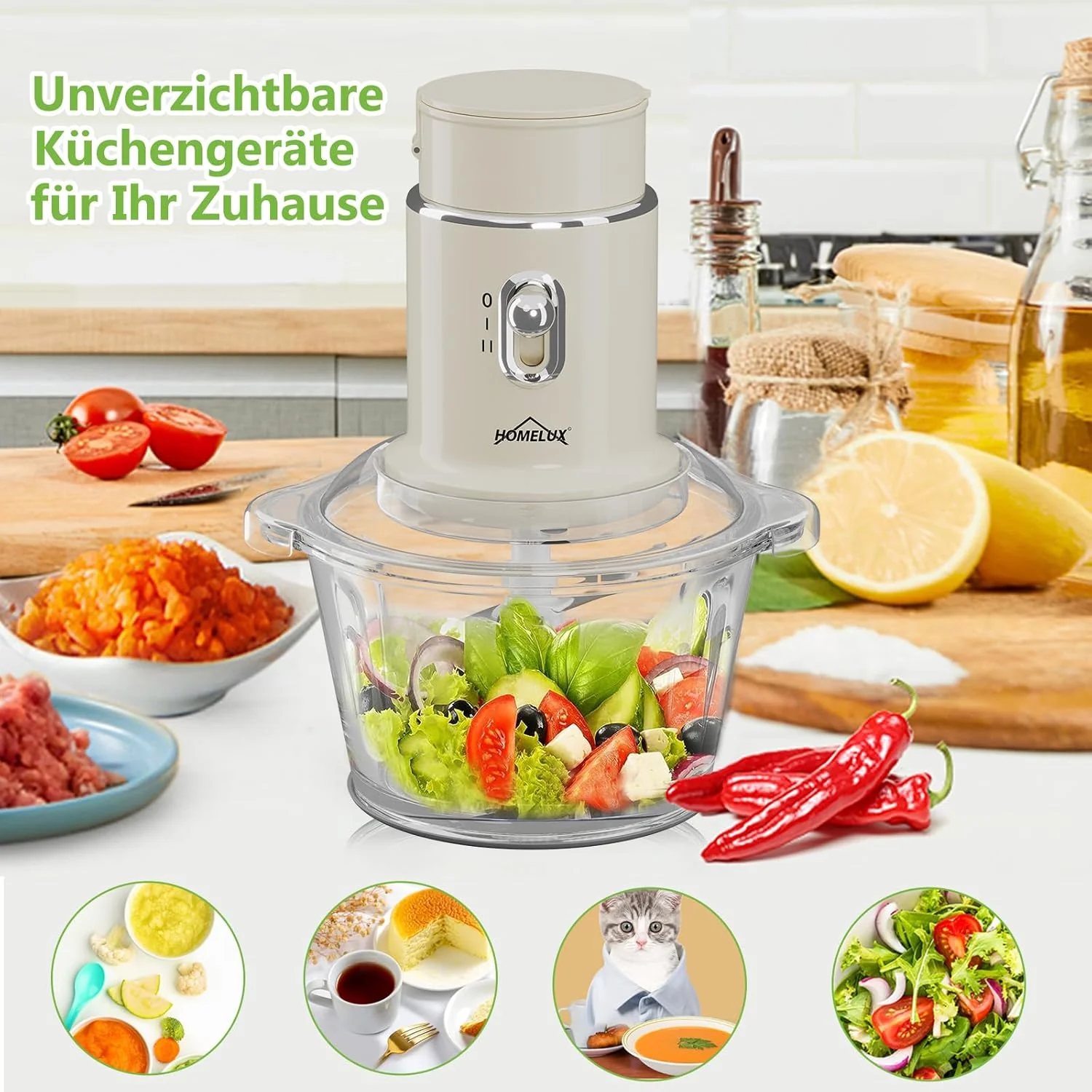 HOMELUX 4-in-1 Küchenallrounder: Zerkleinern, Mixen & Mahlen mit robustem 2L Glasbehälter und 600ml Saftbecher - Image 6