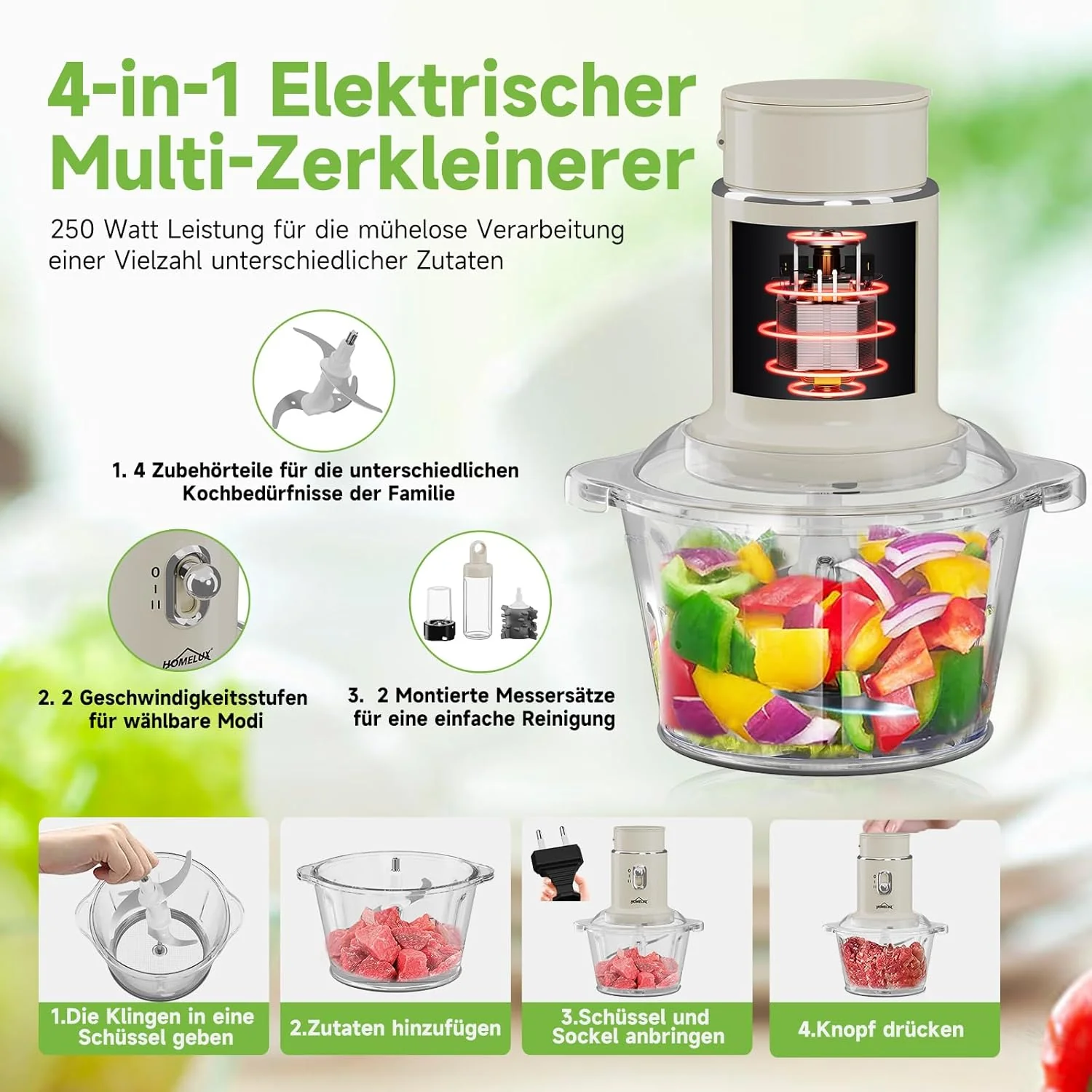 HOMELUX 4-in-1 Küchenallrounder: Zerkleinern, Mixen & Mahlen mit robustem 2L Glasbehälter und 600ml Saftbecher - Image 7