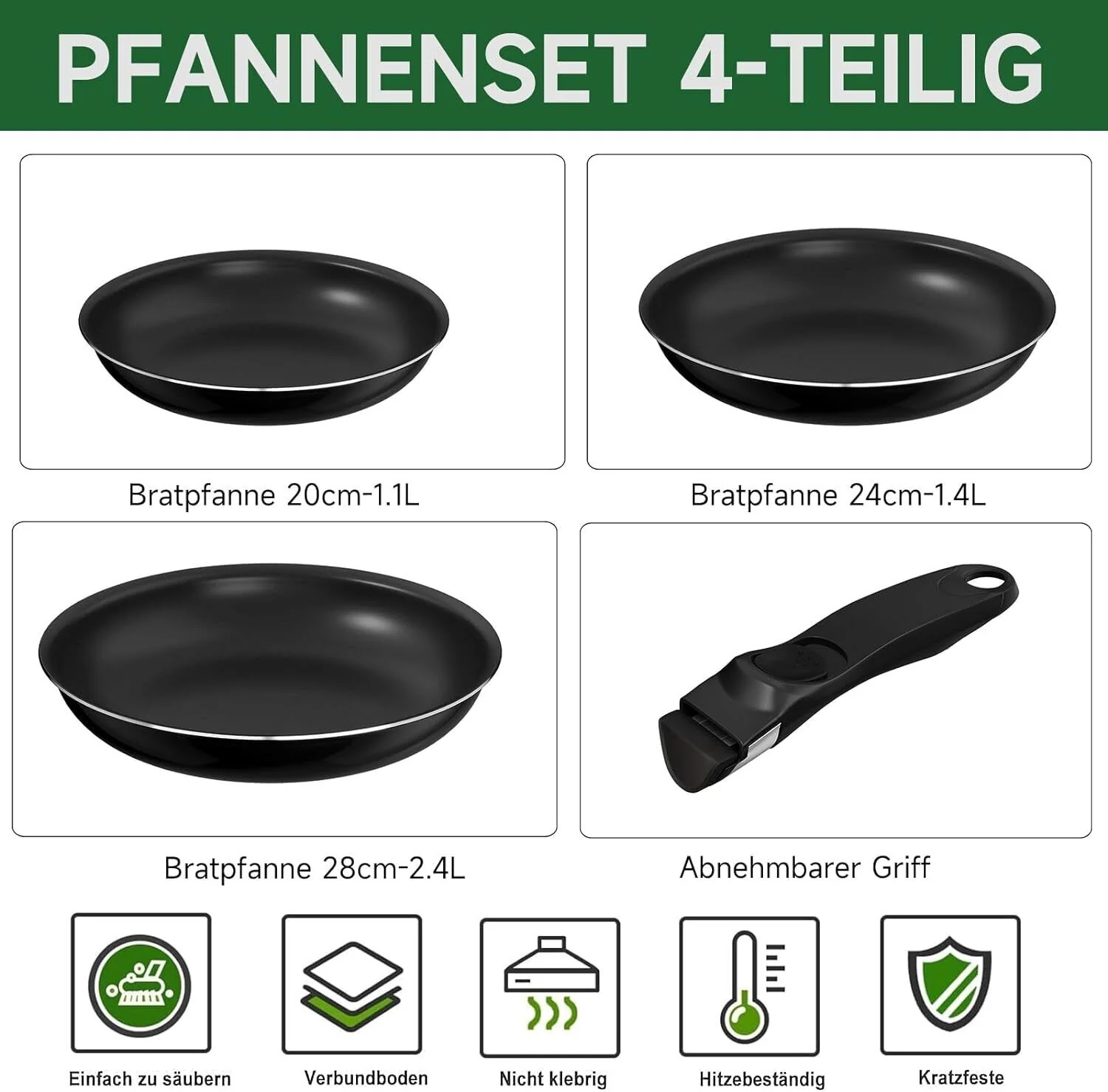 HOMELUX Pfannenset,Bratpfanne mit abnehmbarem Griff,Pfannen,Pfanne Induktion mit Antihaft-Beschichtung - Image 4
