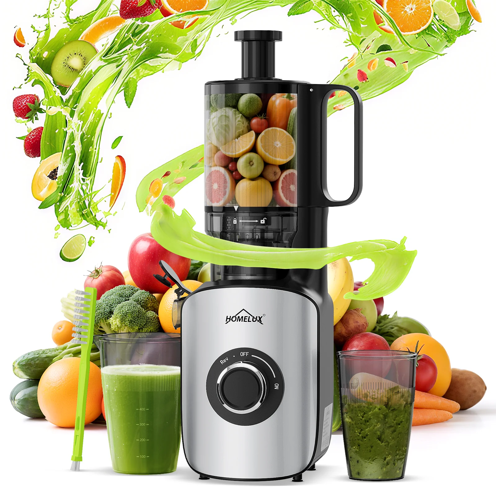 HOMELUX Slow Juicer 220W, 126mm XXL Einfüllschacht für Ganze Früchte, Elektrischer Entsafter Kaltpresse mit 2 Bechern - Image 2