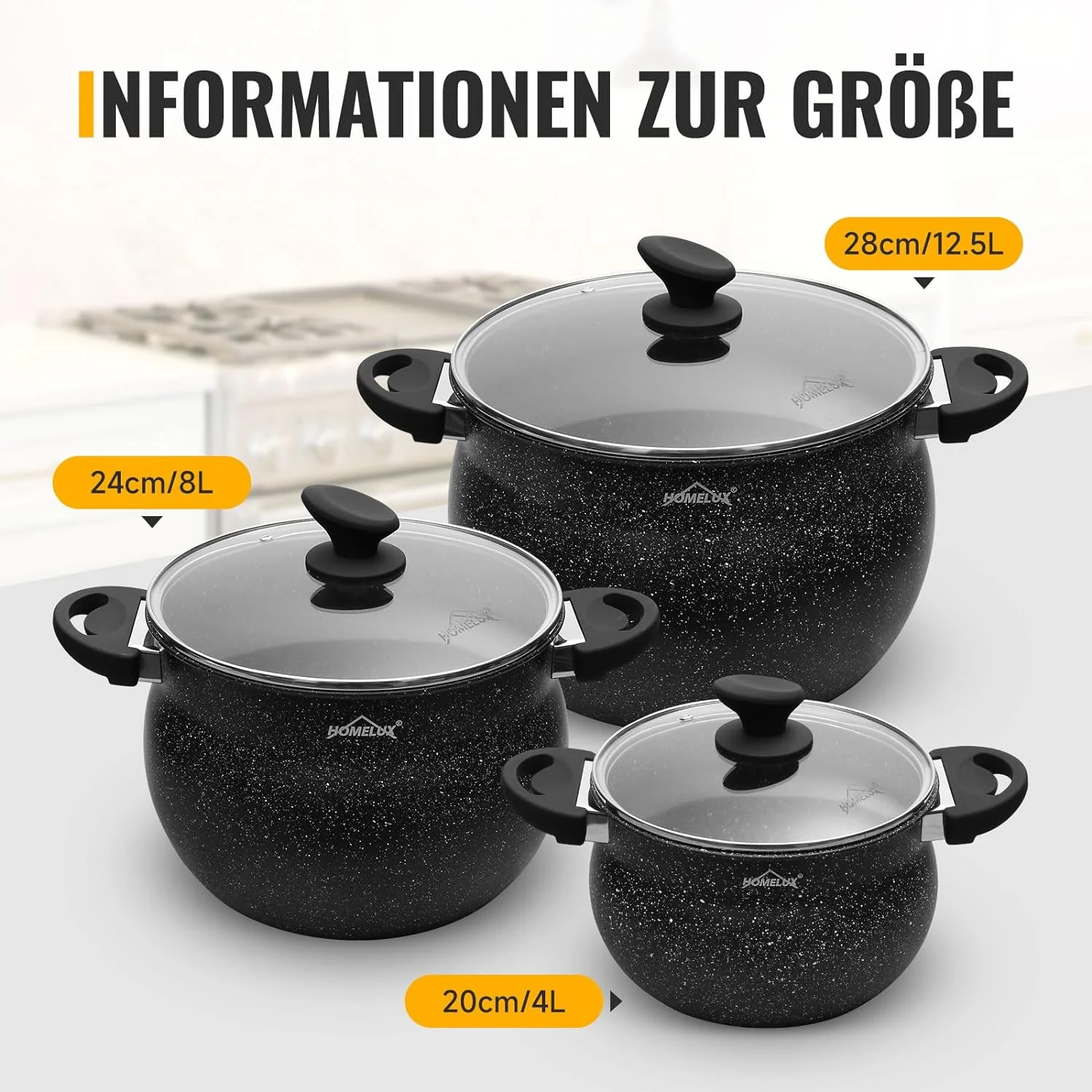 Homelux Kochtöpfe Set, Induktion, Antihaft, Spülmaschine, Glasdeckel, 20cm/4L, 24cm/8L, 28cm/12.5L - Image 10
