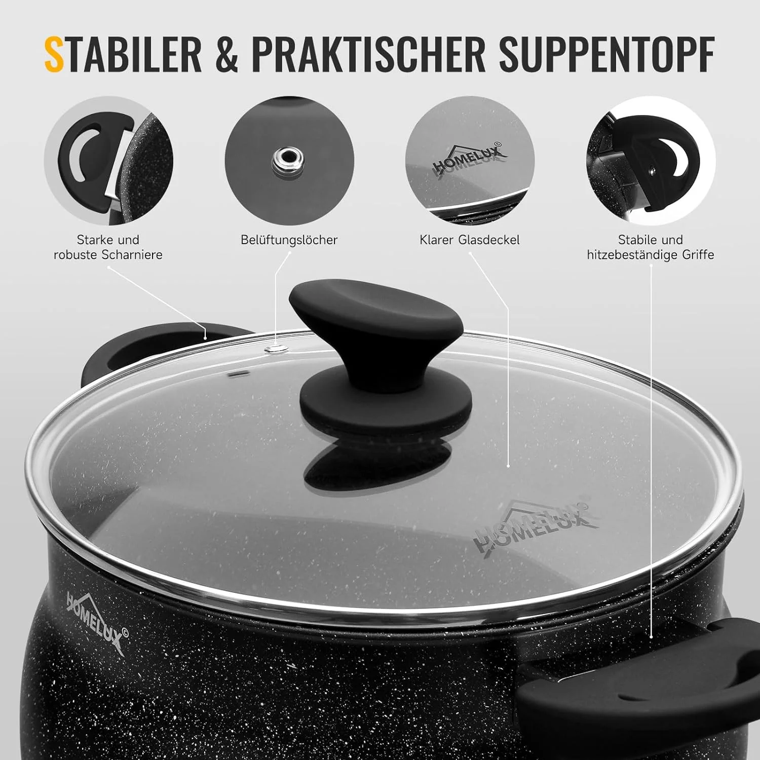Homelux Kochtöpfe Set, Induktion, Antihaft, Spülmaschine, Glasdeckel, 20cm/4L, 24cm/8L, 28cm/12.5L - Image 11