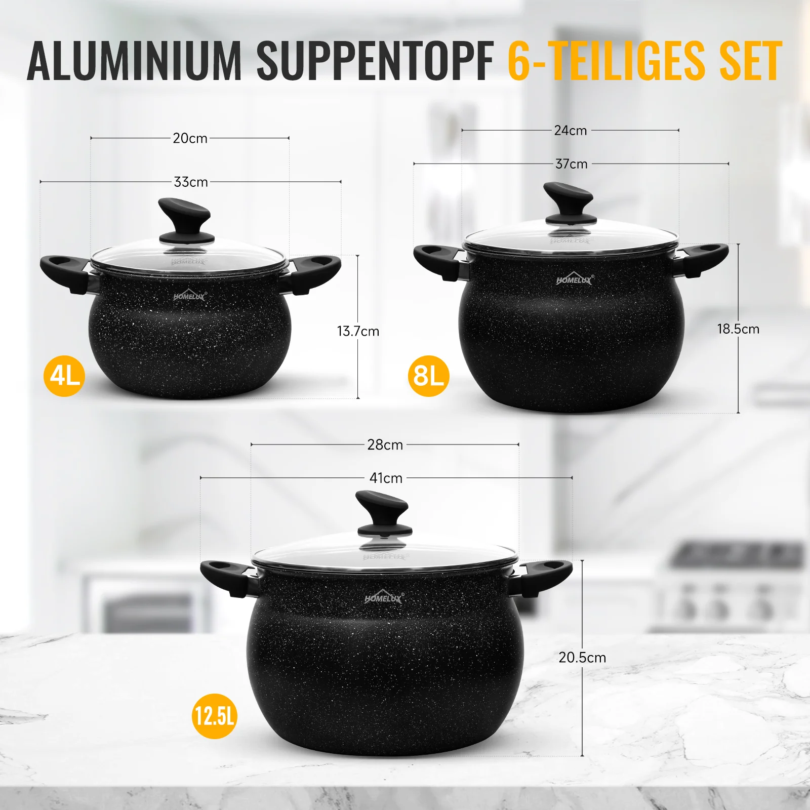 Homelux Kochtöpfe Set, Induktion, Antihaft, Spülmaschine, Glasdeckel, 20cm/4L, 24cm/8L, 28cm/12.5L - Image 15