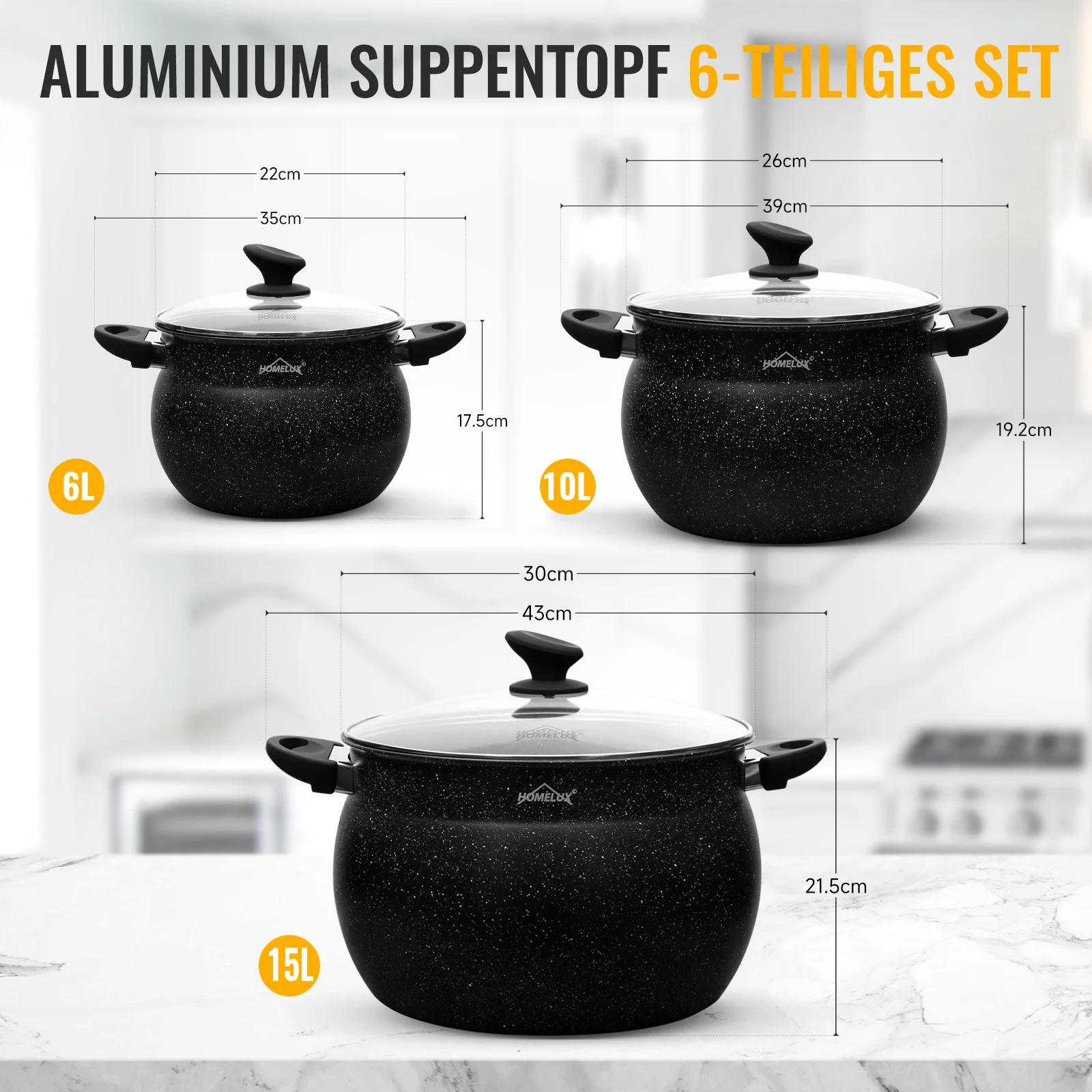 Homelux Kochtöpfe Set, Induktion, Antihaft, Spülmaschine, Glasdeckel, 20cm/4L, 24cm/8L, 28cm/12.5L - Image 4