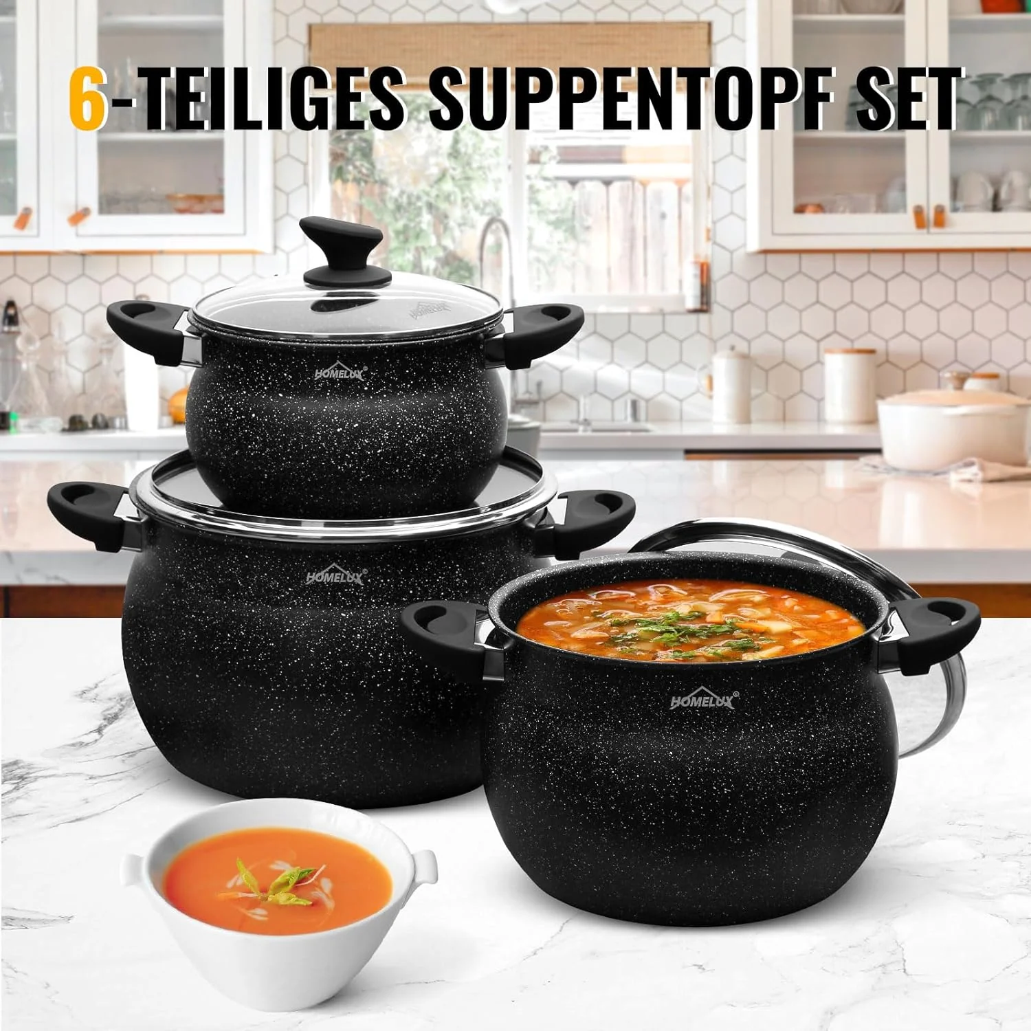 Homelux Kochtöpfe Set, Induktion, Antihaft, Spülmaschine, Glasdeckel, 20cm/4L, 24cm/8L, 28cm/12.5L - Image 5