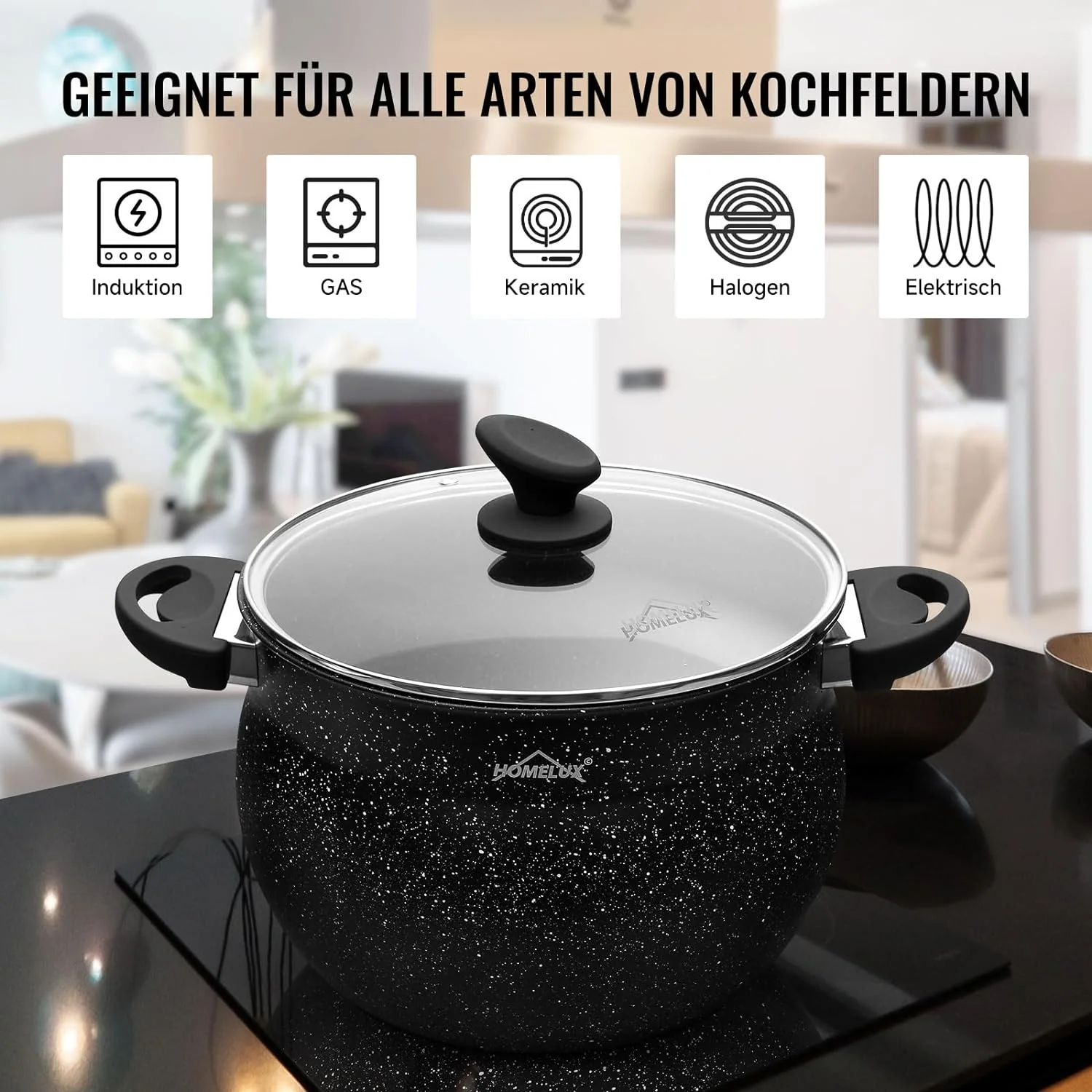 Homelux Kochtöpfe Set, Induktion, Antihaft, Spülmaschine, Glasdeckel, 20cm/4L, 24cm/8L, 28cm/12.5L - Image 8