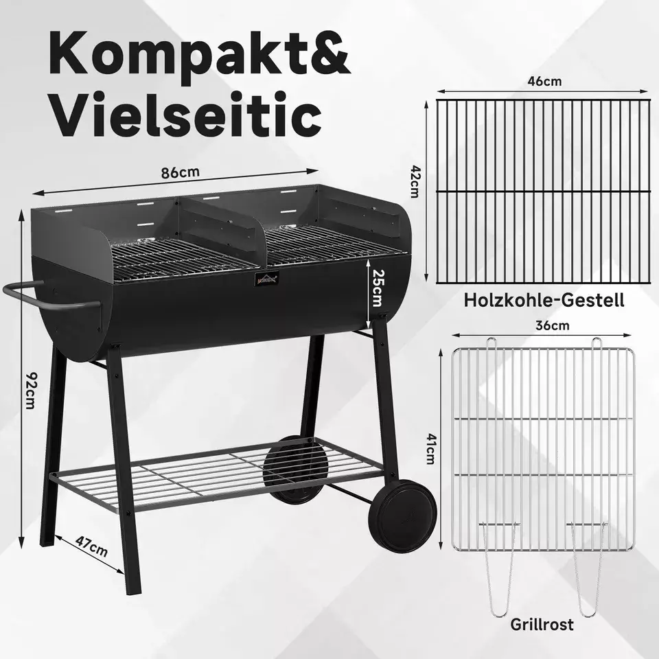 HOMELUX XXL Holzkohlegrill Mobiler Grillwagen mit 2 Grillflächen, höhenverstellbar, aus robustem Stahl mit Ablage - Image 2