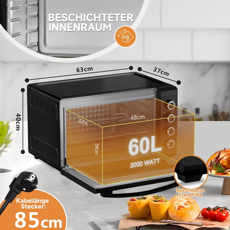 Minibackofen 60L mit Drehspieß Timer Mini Backofen Pizza-Ofen 2000W Mini Ofen - Image 2