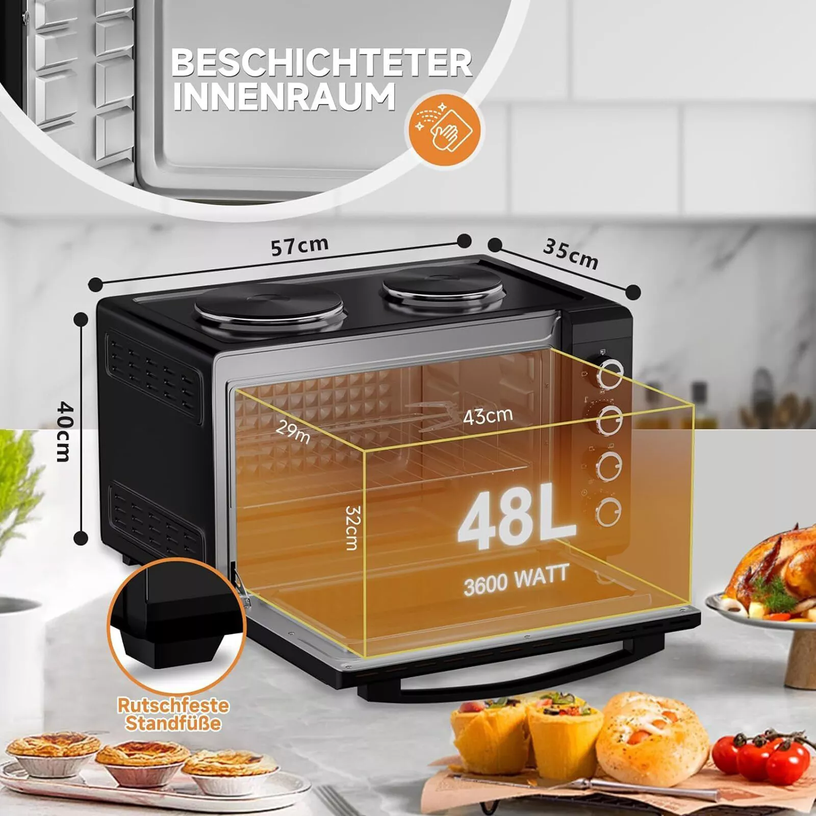 48L Minibackofen mit Kochplatten, Drehspieß, Umluft, 3600W, Pizzaofen, Grill und Ofenfunktion - Image 2