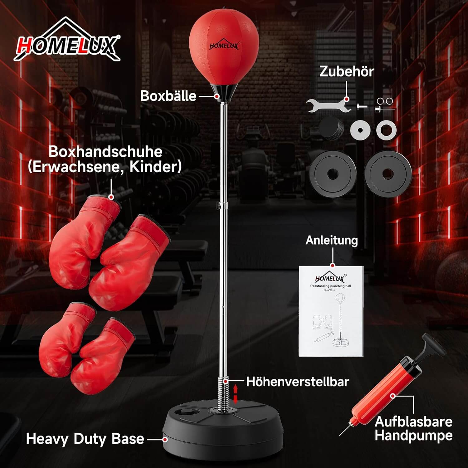 Punchingball Set mit Standbox, höhenverstellbar 121-145cm, Box Reflexball inkl. 1 Paar Handschuhe & Pumpe, Boxsport für Anfänger & Profis - Image 2