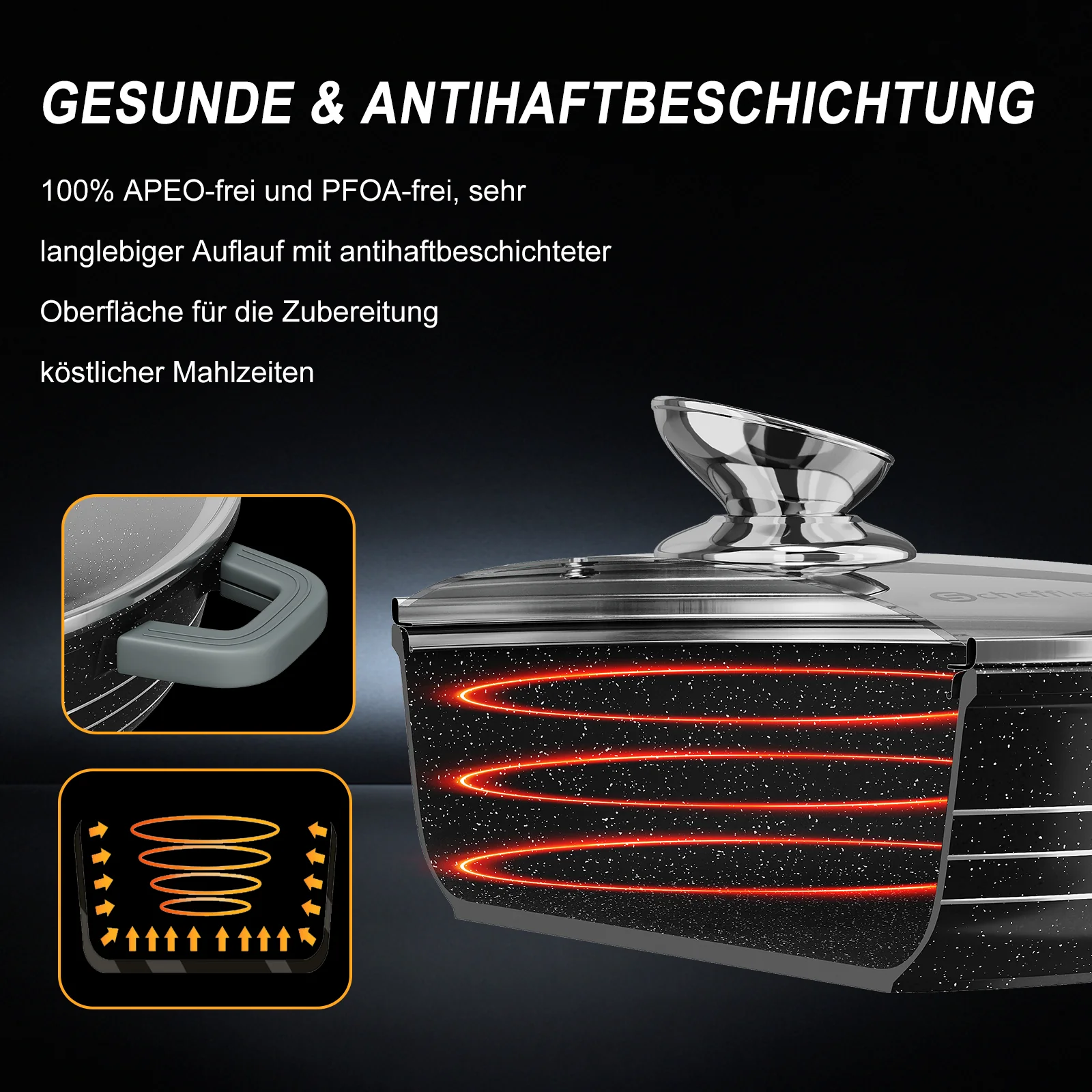 Scheffler Induktions-Servierpfanne aus Aluminiumguss mit marmorierter Antihaftbeschichtung, Glasdeckel und hitzebeständigem Silikongriff - Image 5