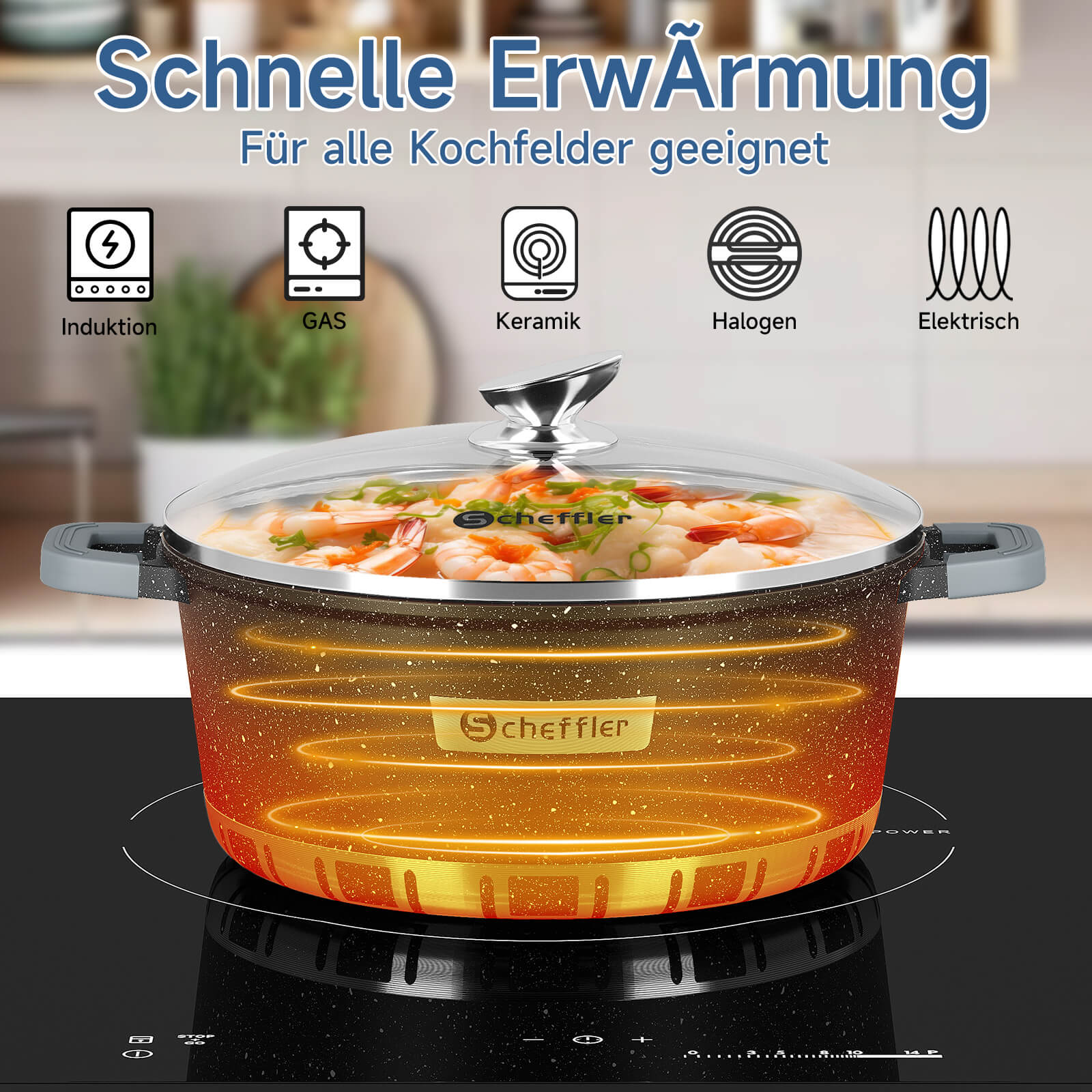 Scheffler Topfset Kochtopf Set mit Glasdeckel Antihaftbeschichtung Induktion für alle Herdarten geeignet - Image 2